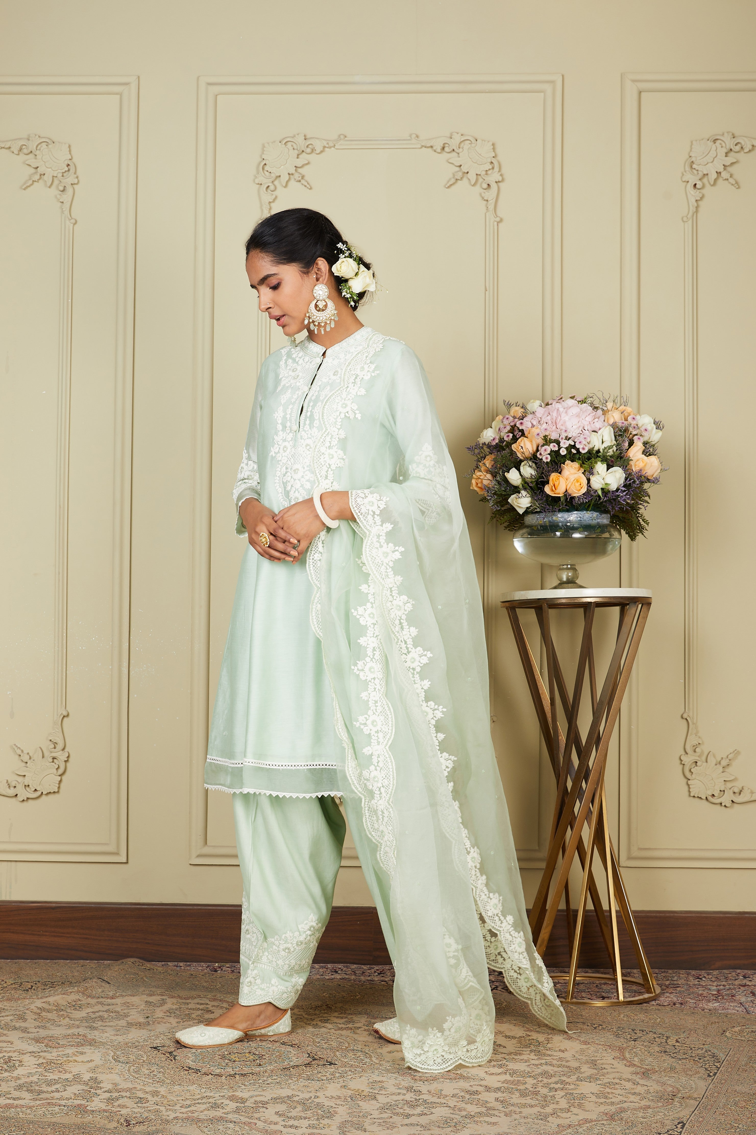 Ruzena - Frosty Green Princess-cut short kurta with salwar and dupatta