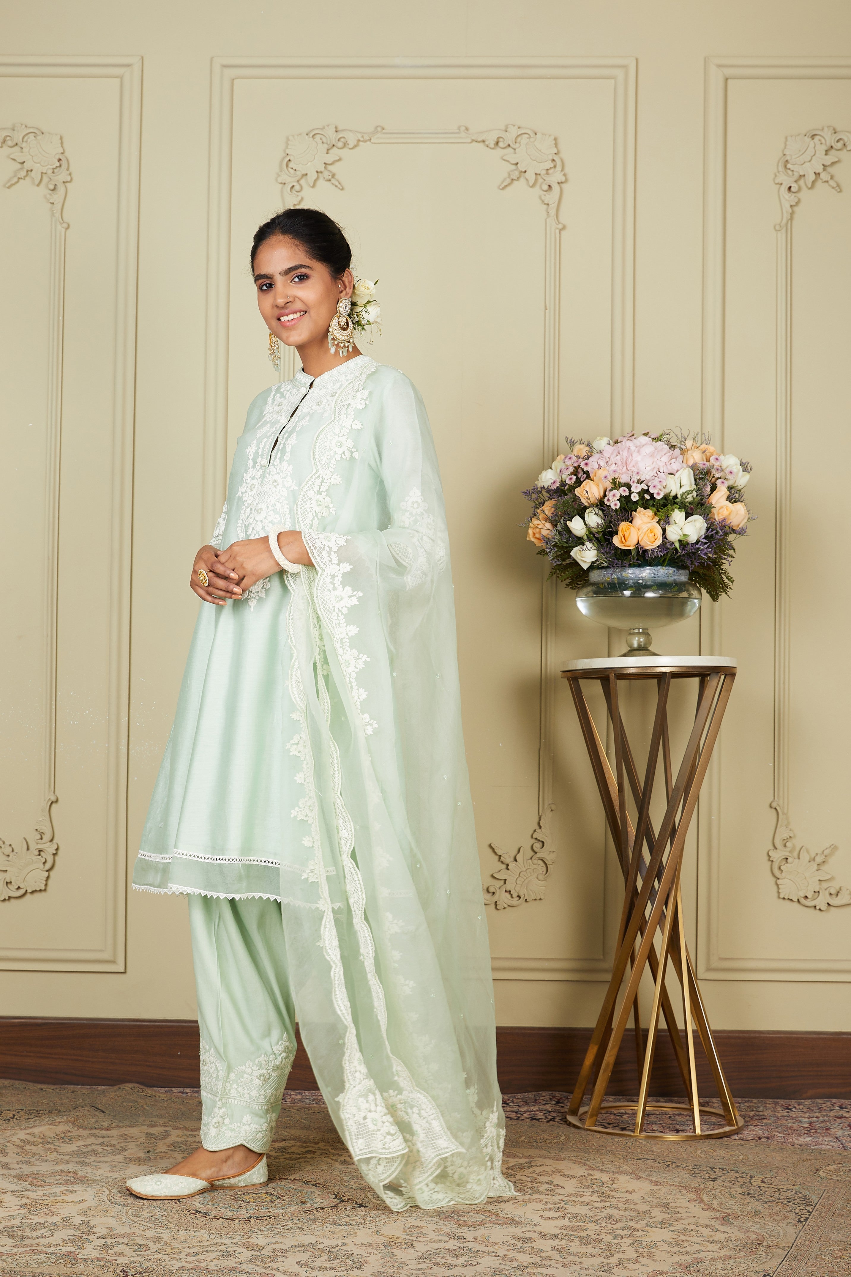 Ruzena - Frosty Green Princess-cut short kurta with salwar and dupatta