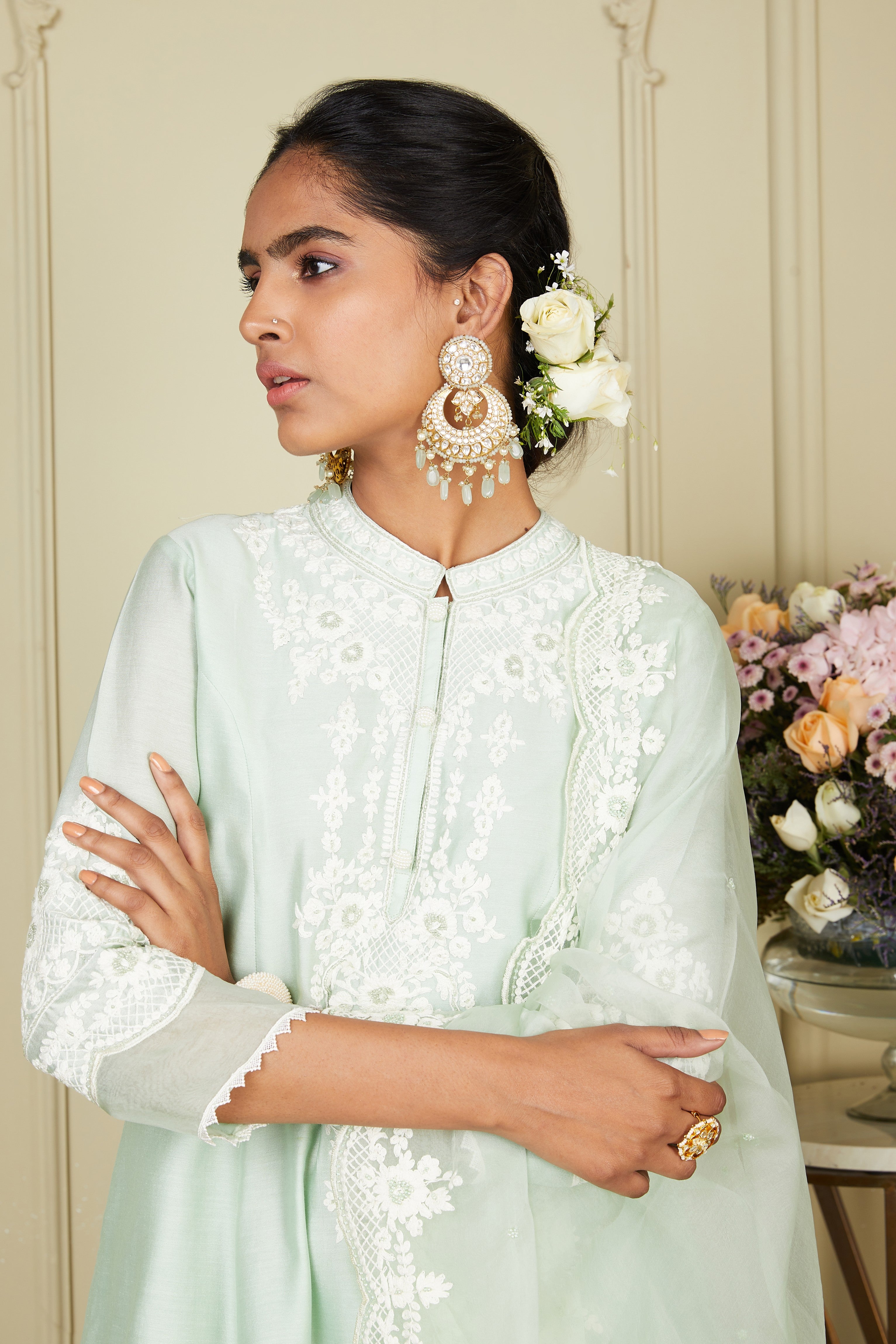 Ruzena - Frosty Green Princess-cut short kurta with salwar and dupatta