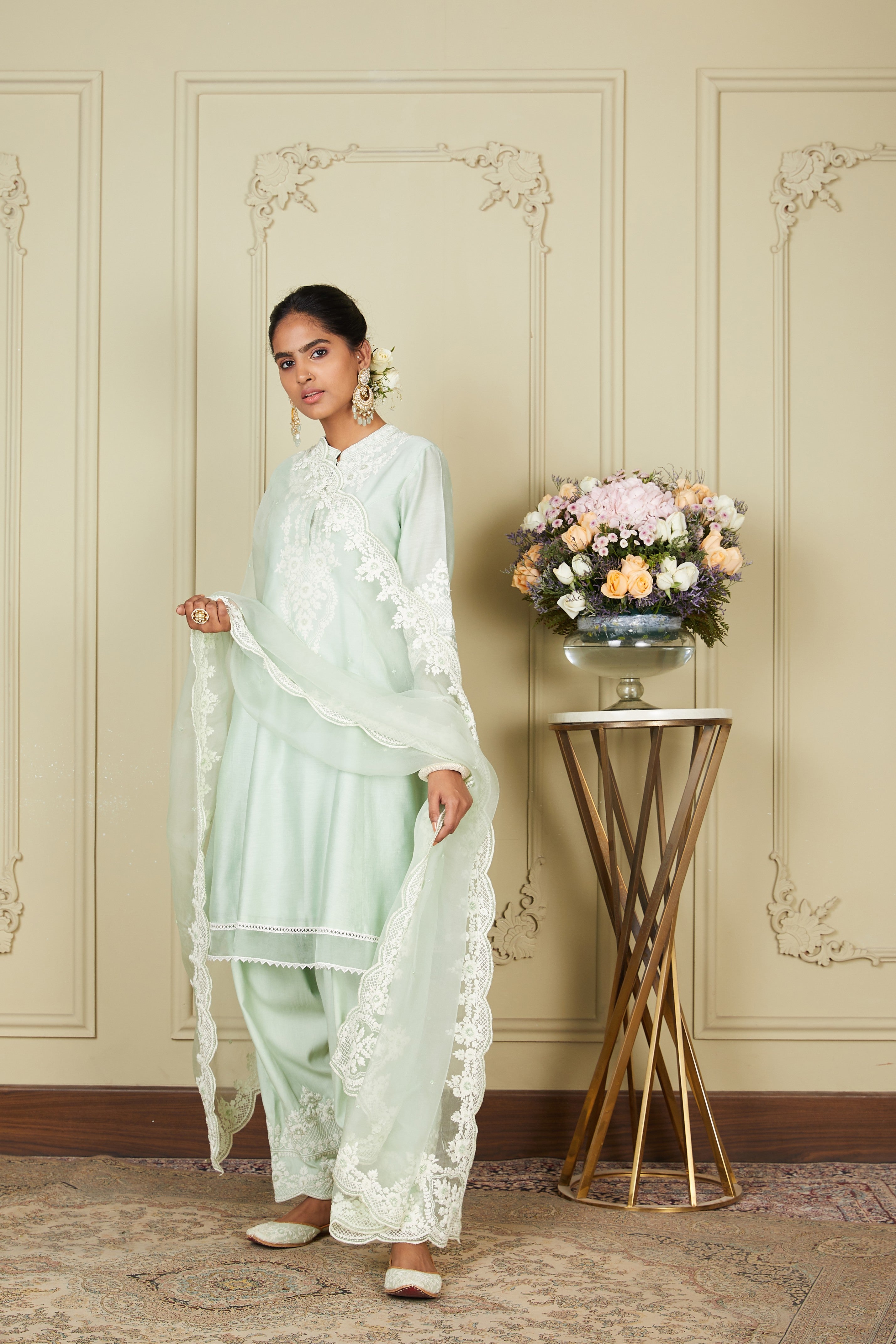 Ruzena - Frosty Green Princess-cut short kurta with salwar and dupatta