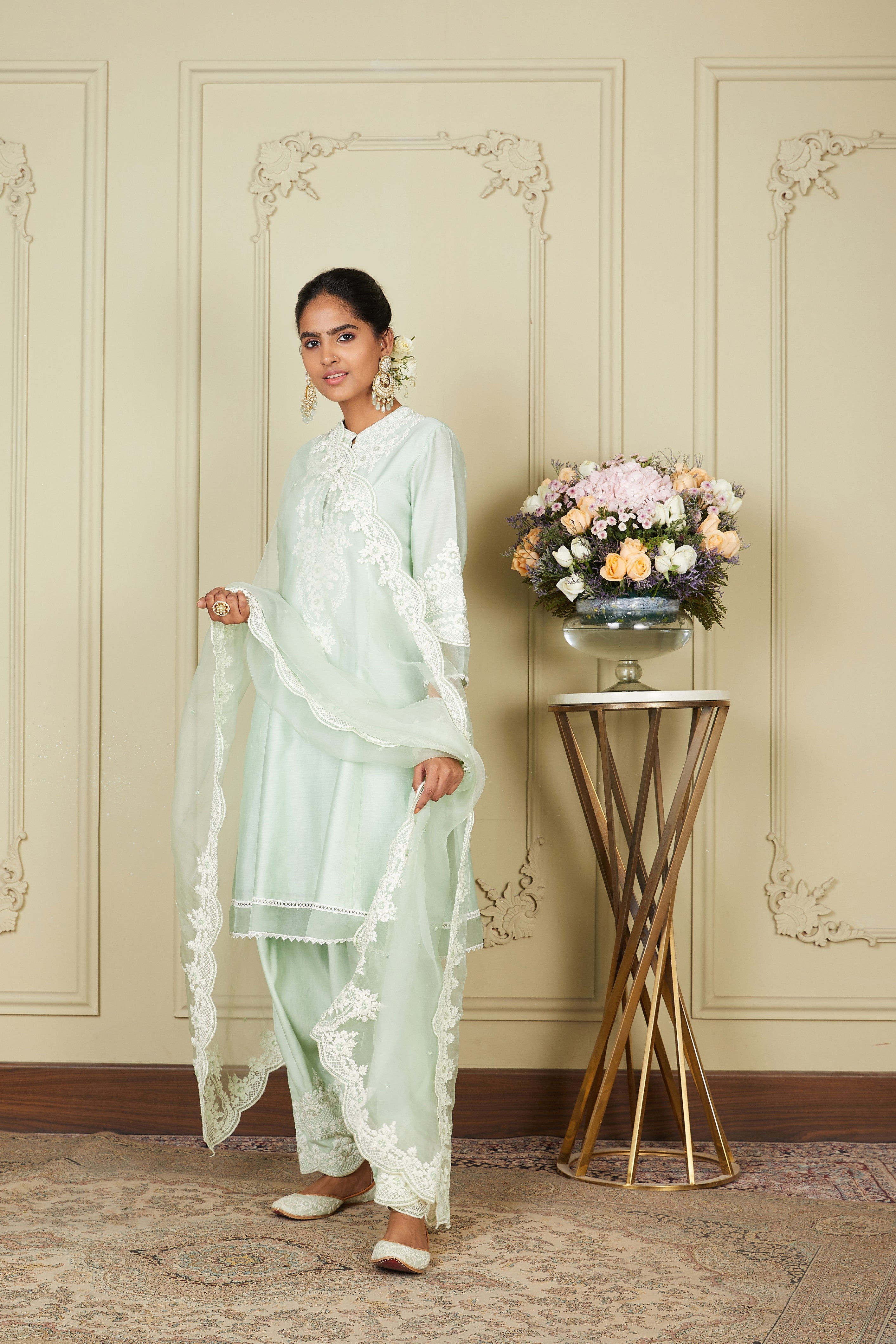 Ruzena - Frosty Green Princess-cut short kurta with salwar and dupatta