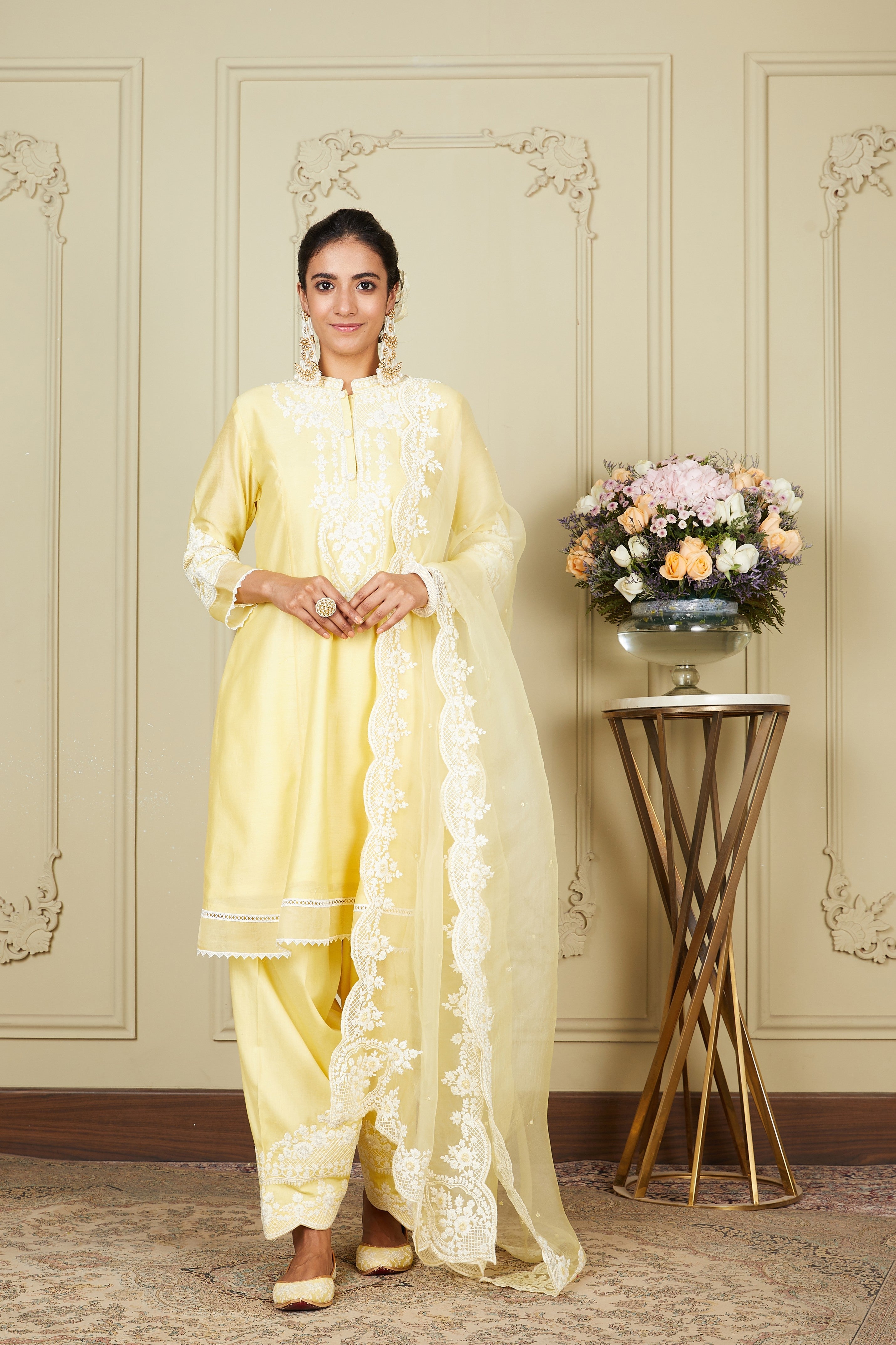 Ruzena - Lemon Yellow Princess-cut short kurta with salwar and dupatta