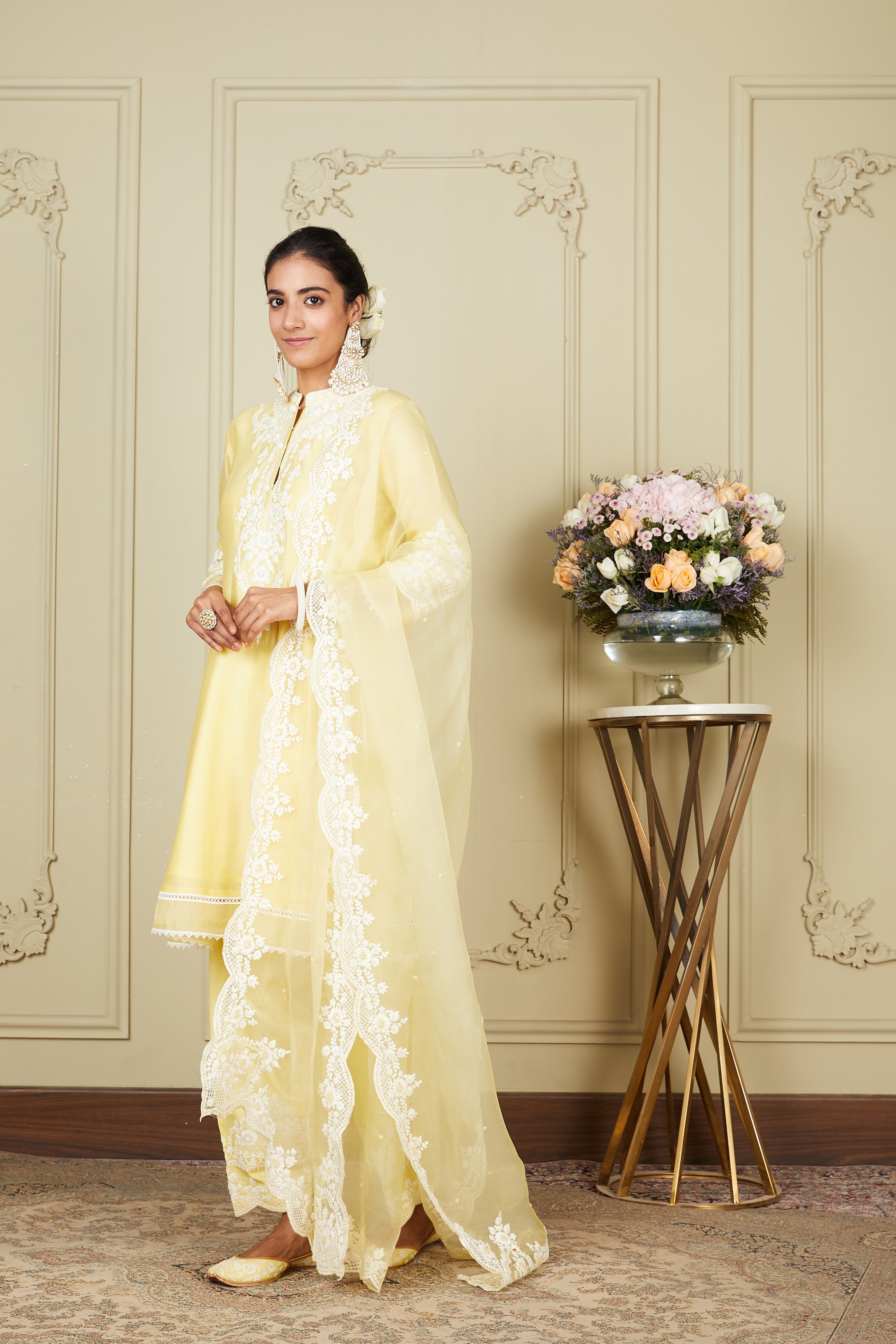 Ruzena - Lemon Yellow Princess-cut short kurta with salwar and dupatta