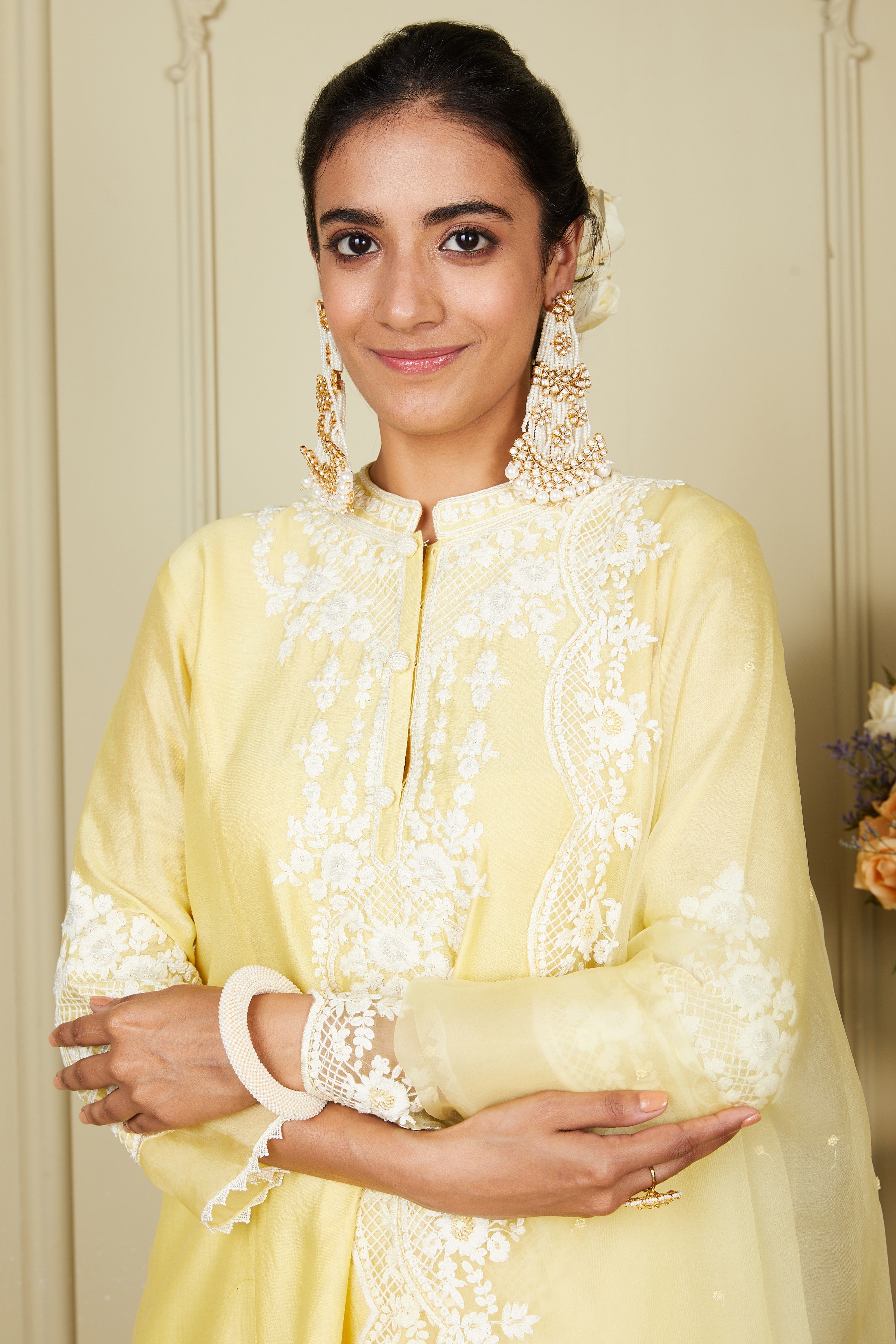 Ruzena - Lemon Yellow Princess-cut short kurta with salwar and dupatta