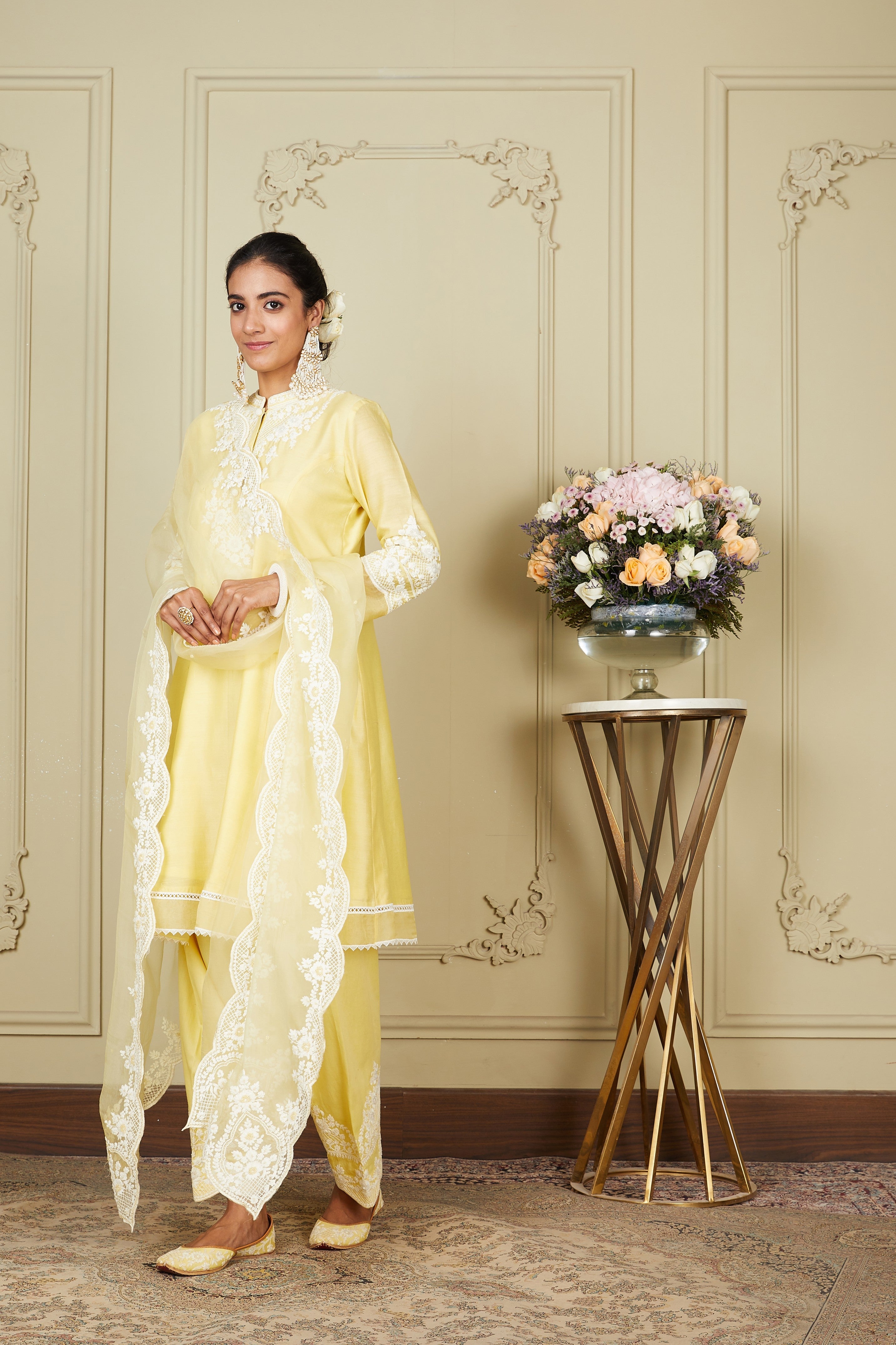 Ruzena - Lemon Yellow Princess-cut short kurta with salwar and dupatta