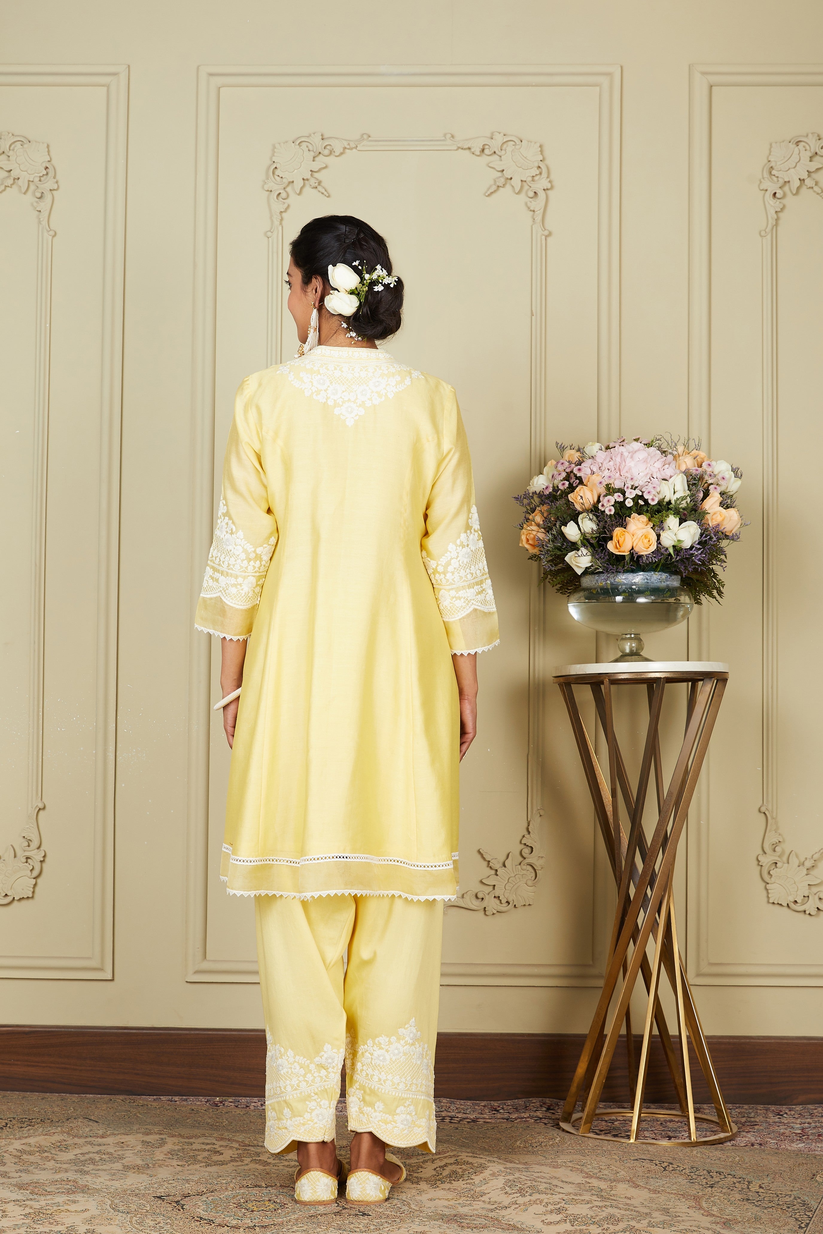 Ruzena - Lemon Yellow Princess-cut short kurta with salwar and dupatta