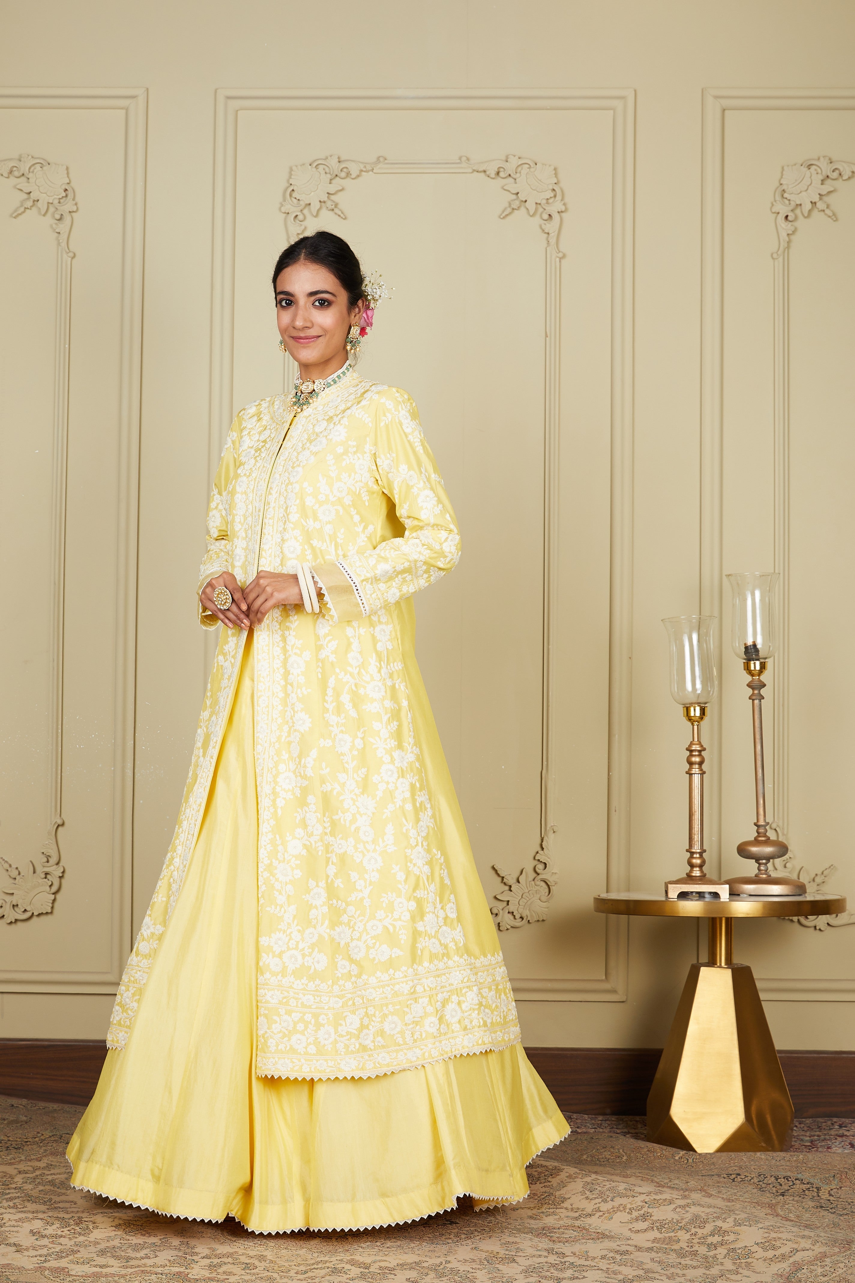 Zahria - Lemon Yellow Jacket, lehenga with blouse and dupatta