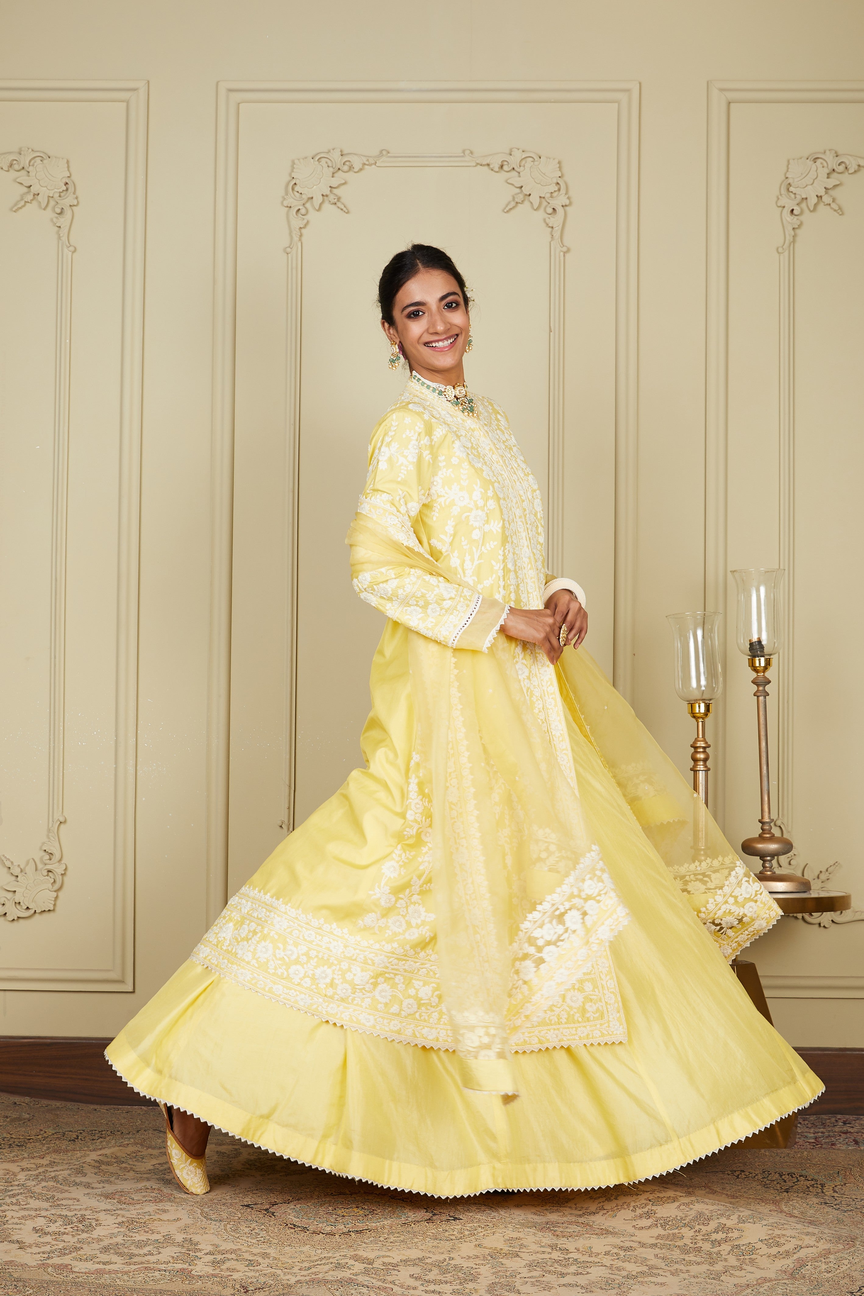 Zahria - Lemon Yellow Jacket, lehenga with blouse and dupatta