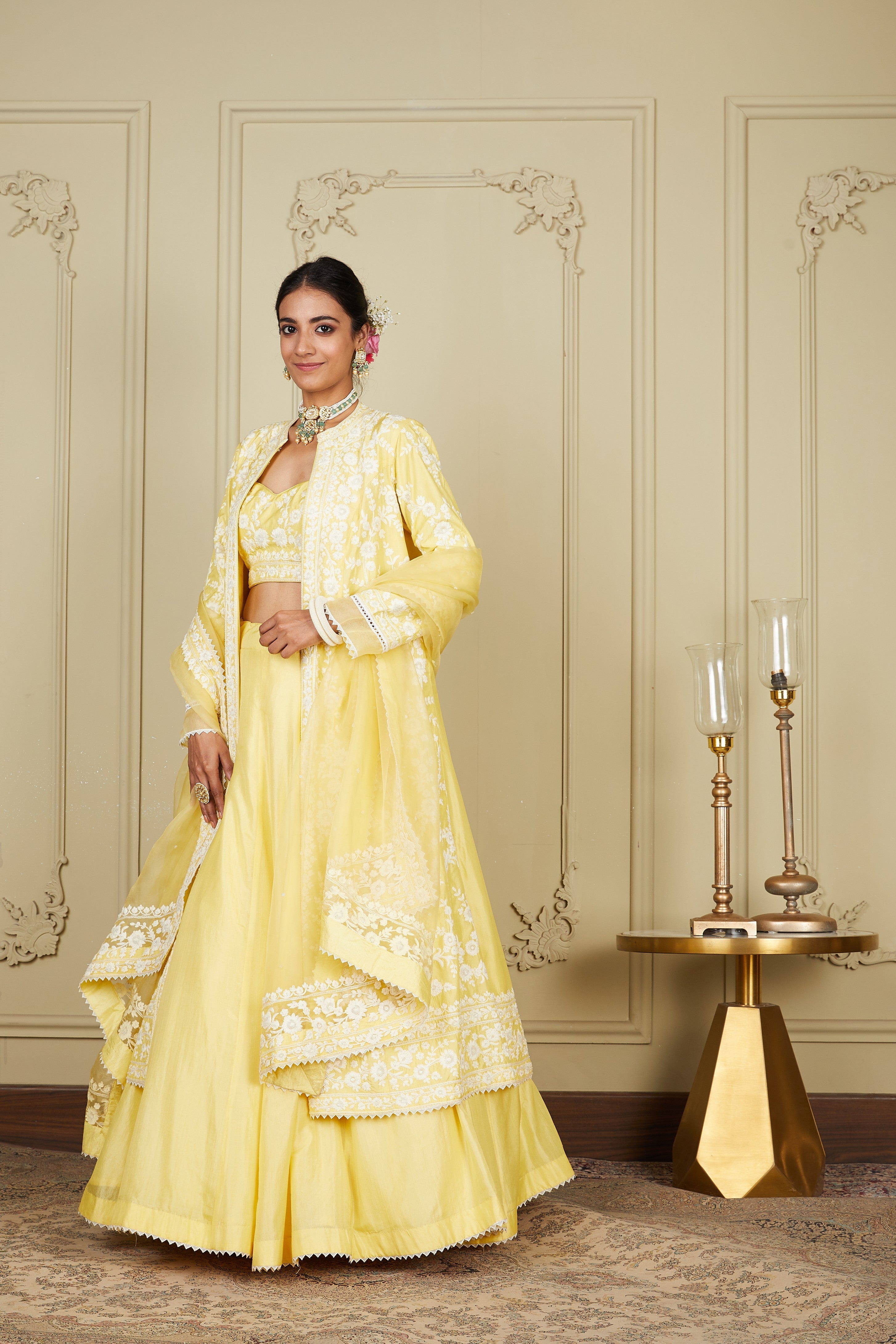Zahria - Lemon Yellow Jacket, lehenga with blouse and dupatta