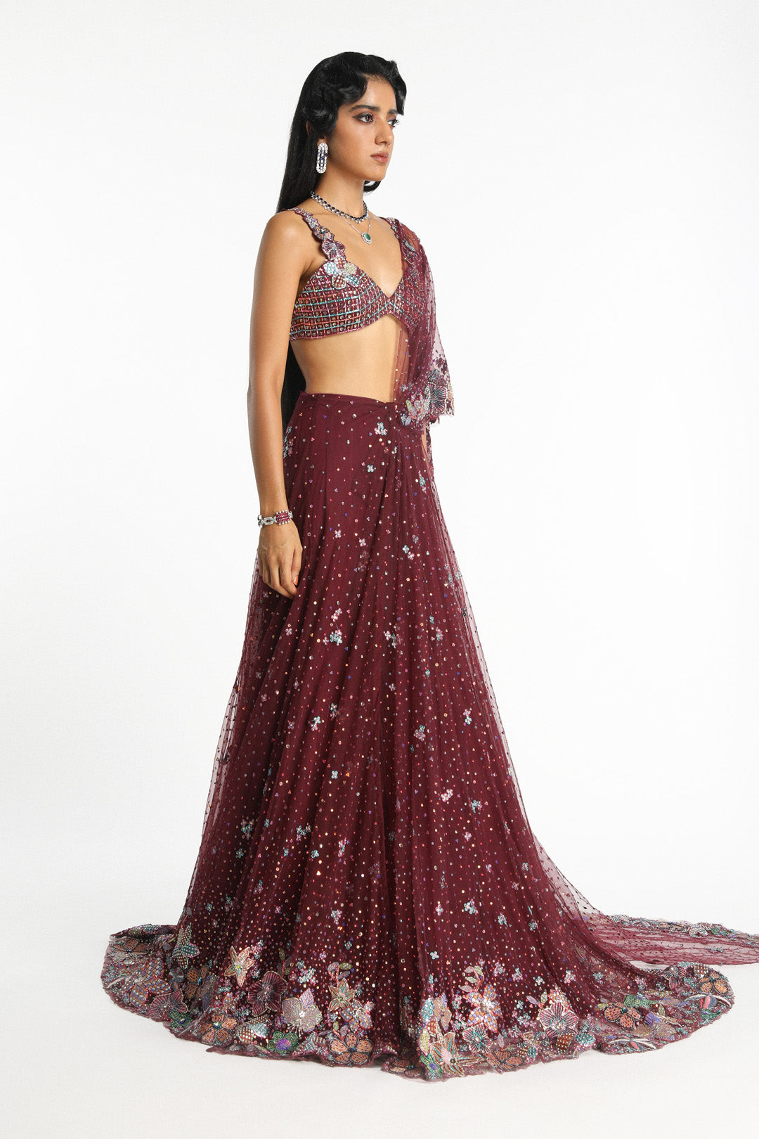 Mireille - Plum Tulle Net Saree Lehenga Set