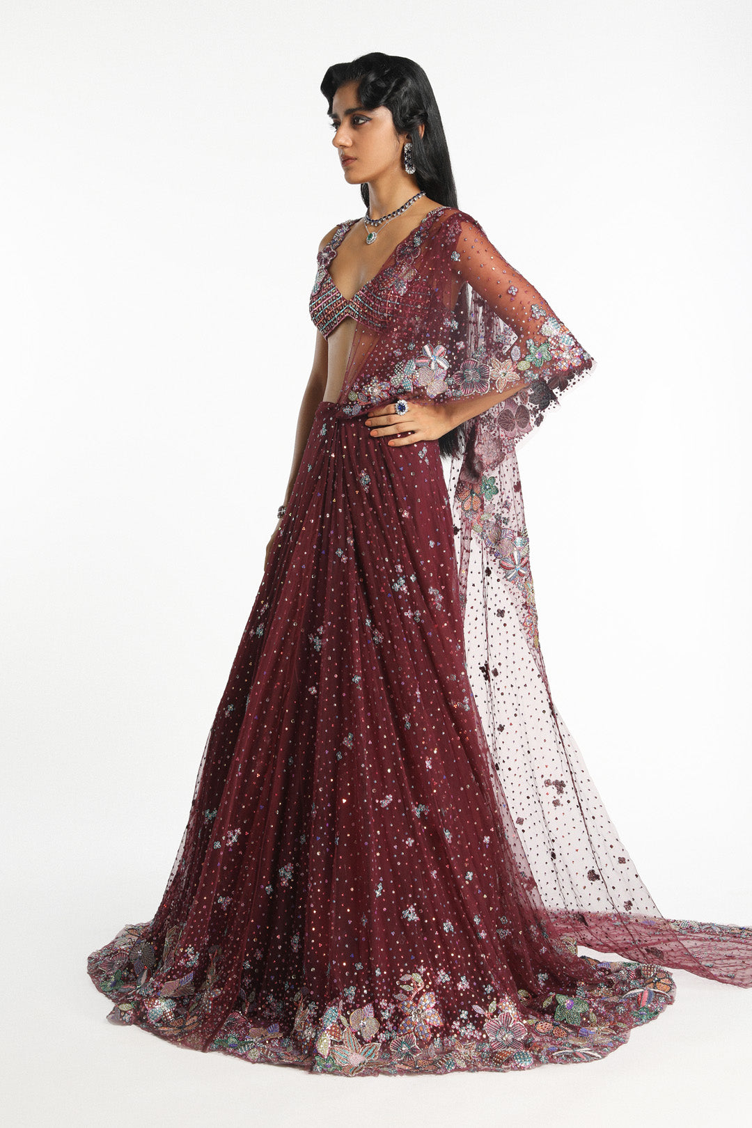 Mireille - Plum Tulle Net Saree Lehenga Set