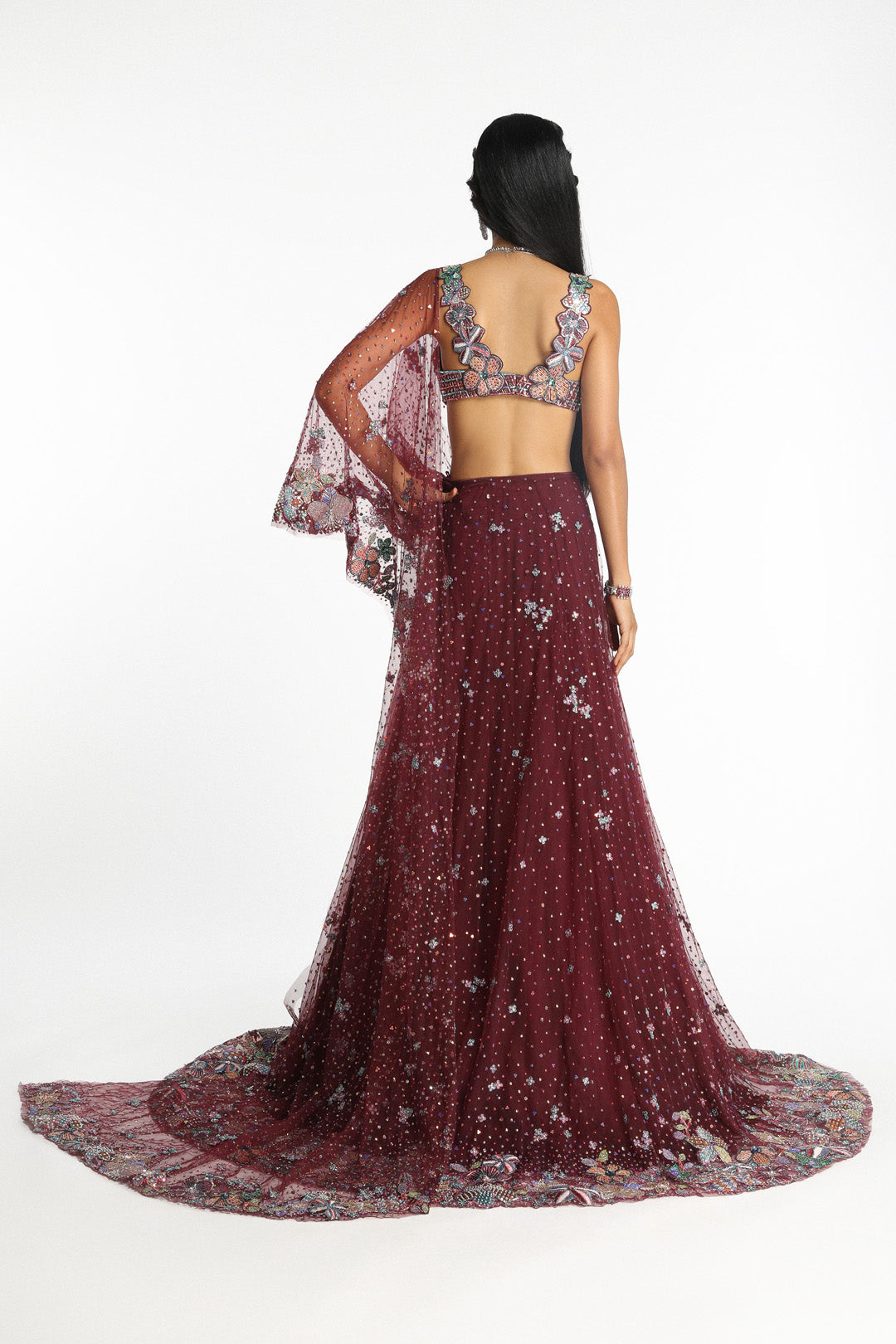 Mireille - Plum Tulle Net Saree Lehenga Set