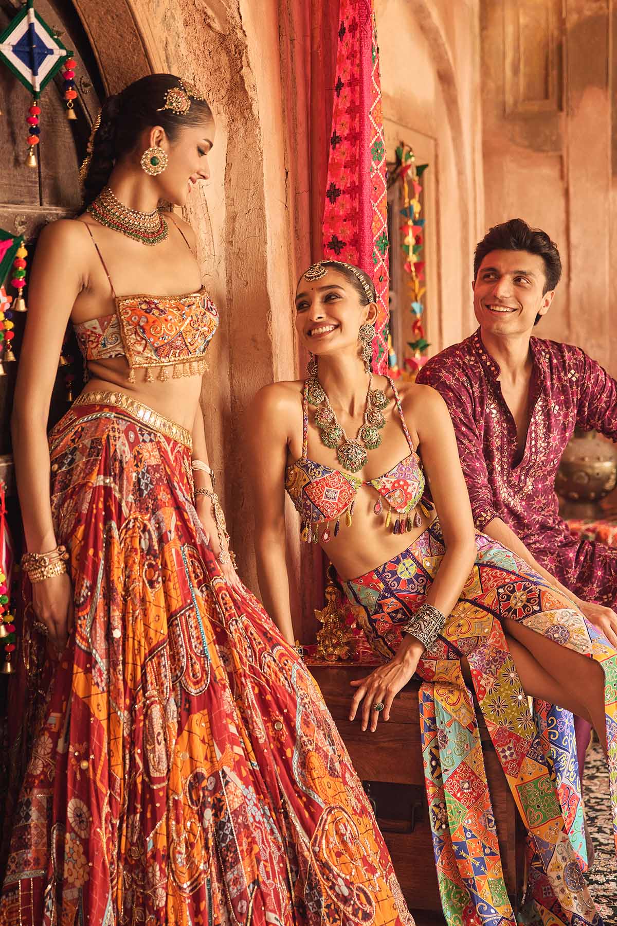 Rust Mosaic Square Neck Blouse With Lehenga & Tassel Dupatta Set