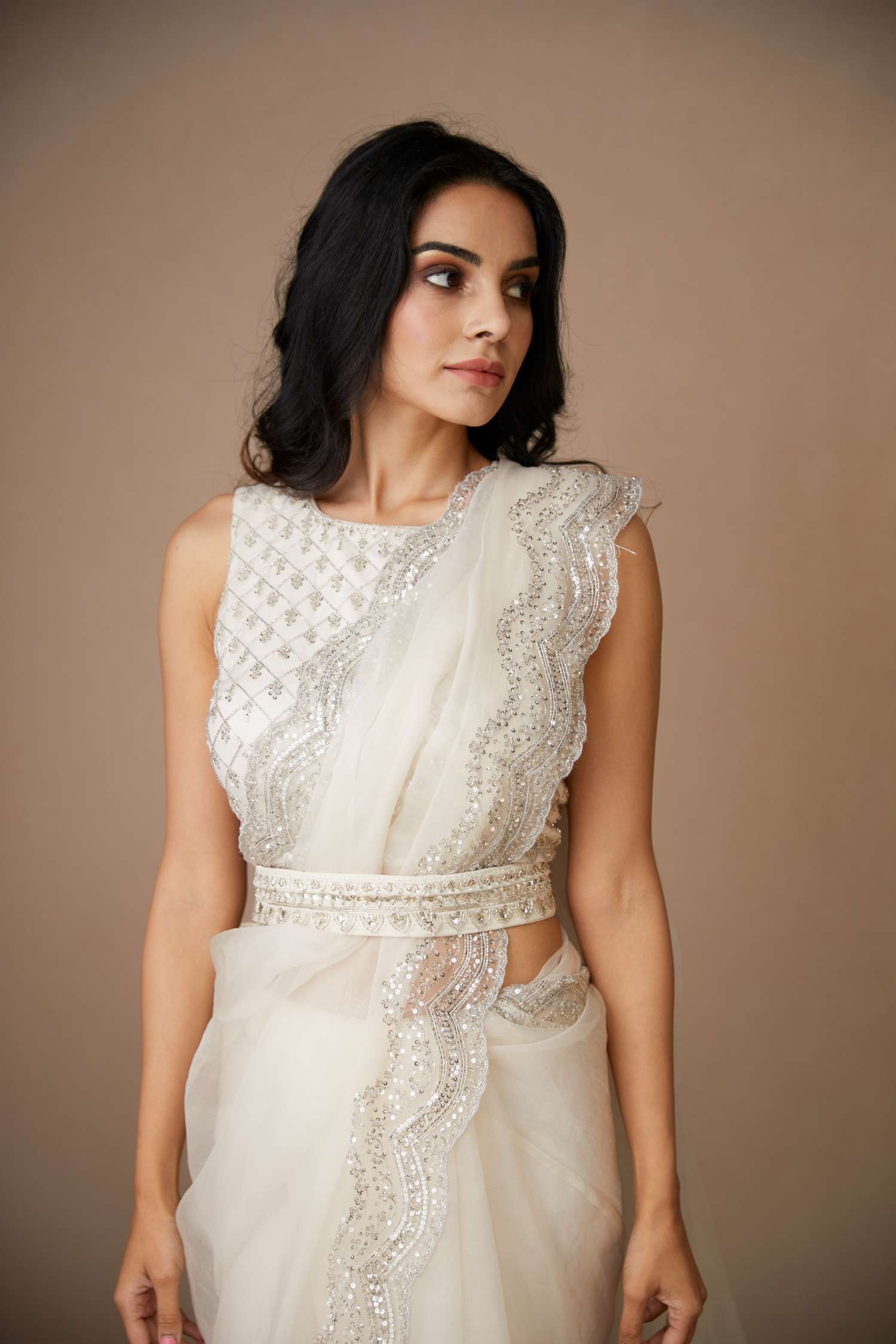 White Organza Sequence Work Saree Set
