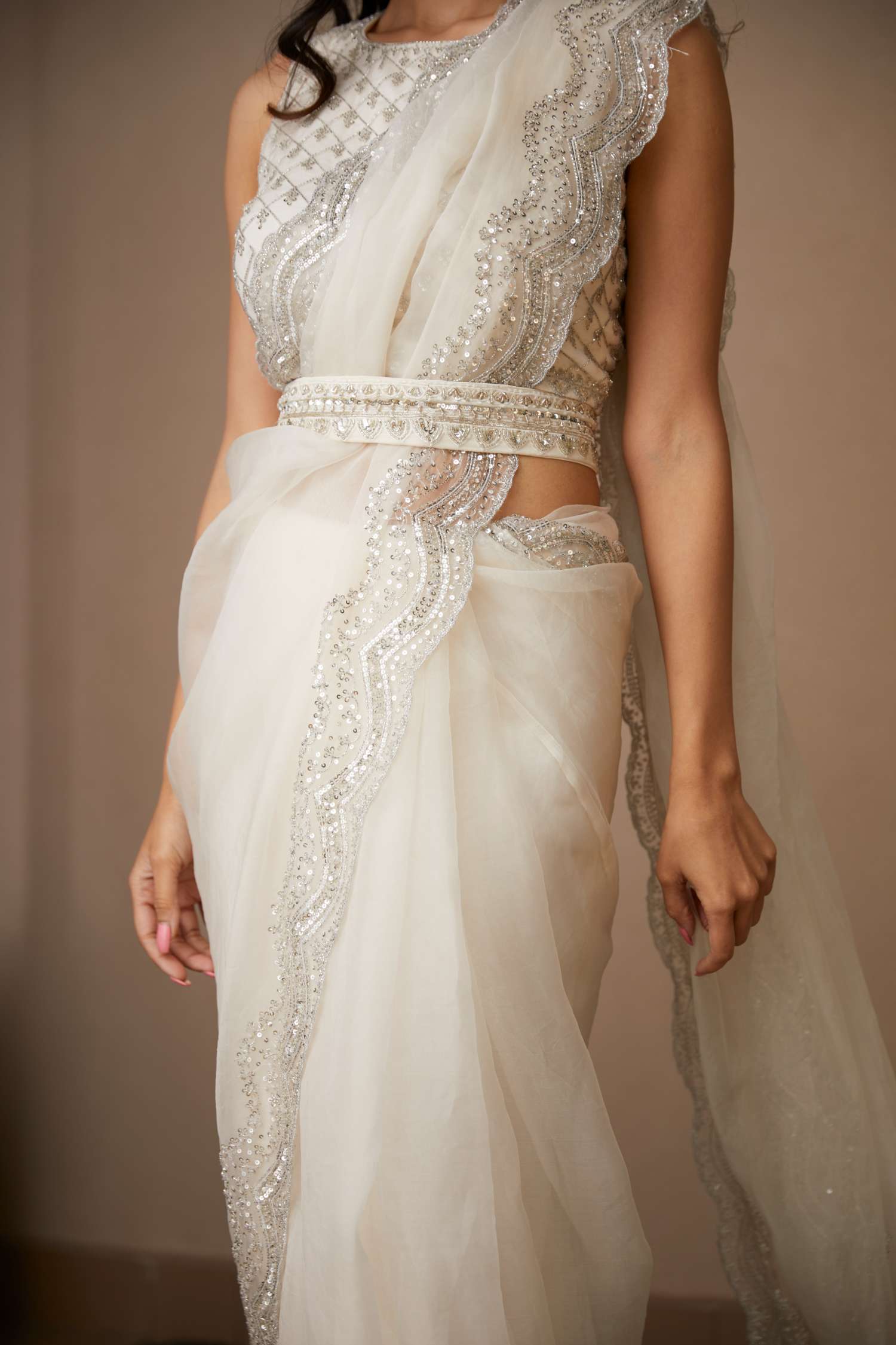 White Organza Sequence Work Saree Set