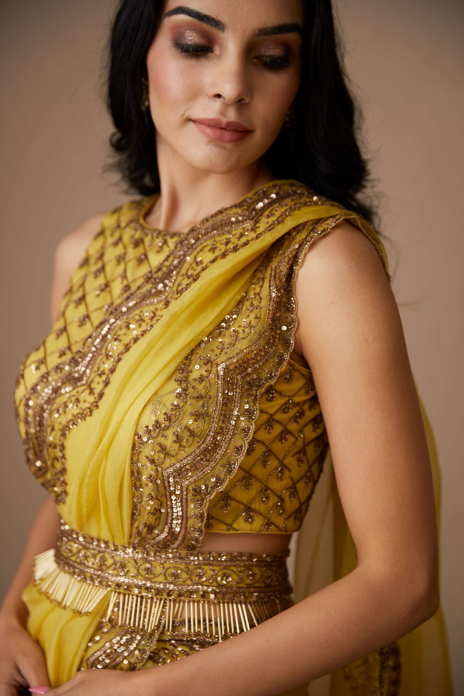Yellow Organza Sequence Work Saree Set