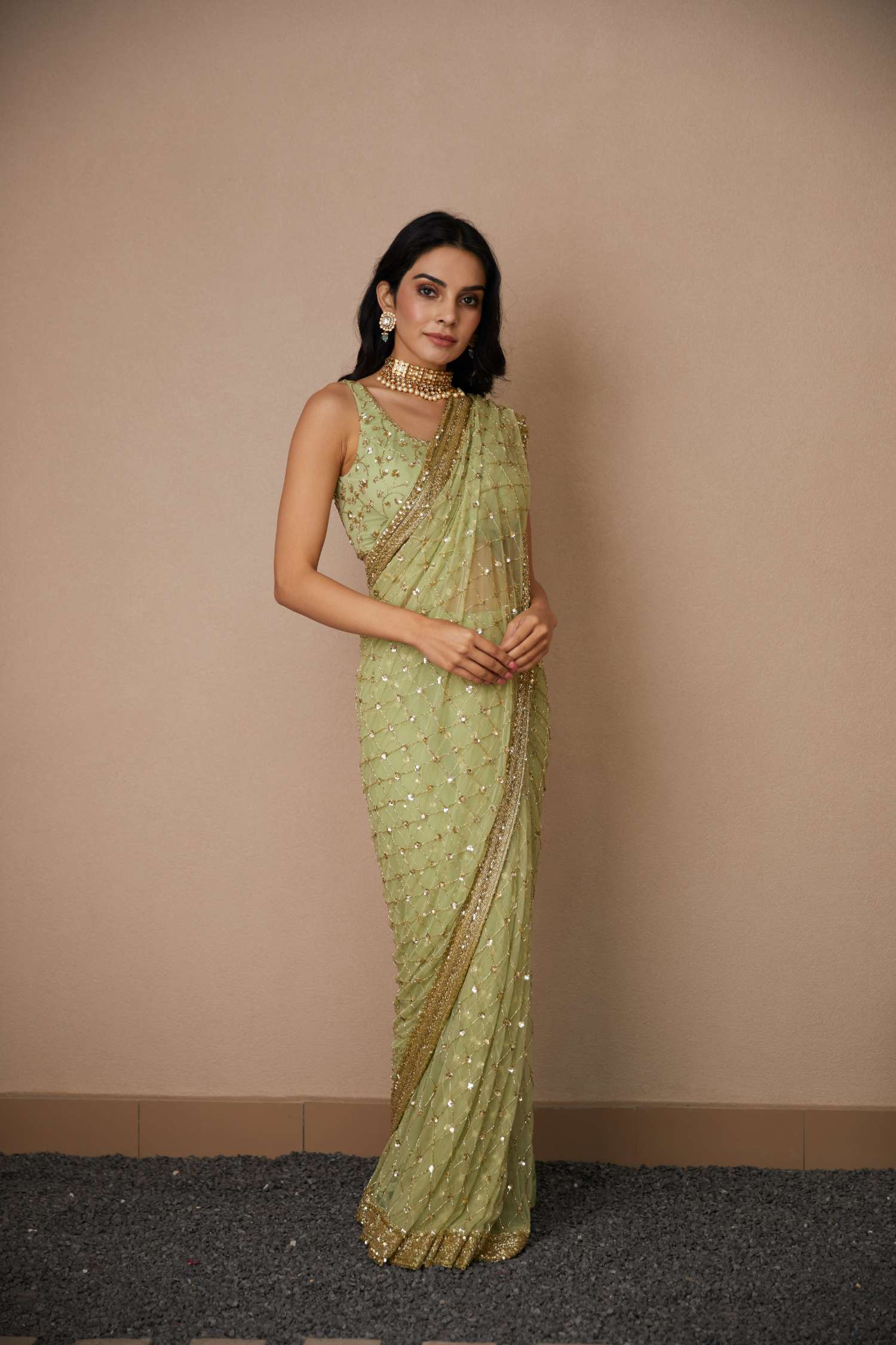 Mint Green Jaal Cut Work Saree Set