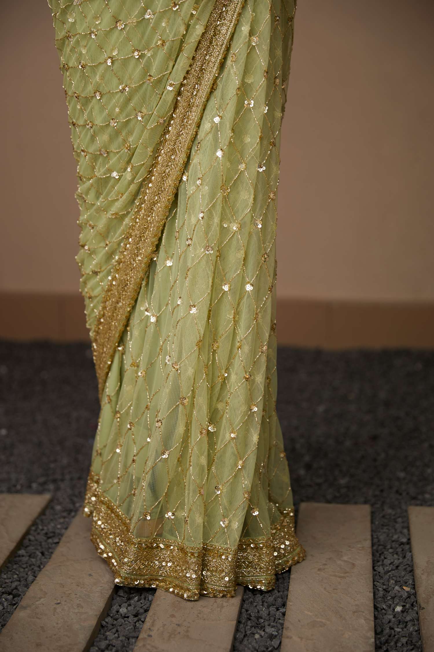 Mint Green Jaal Cut Work Saree Set