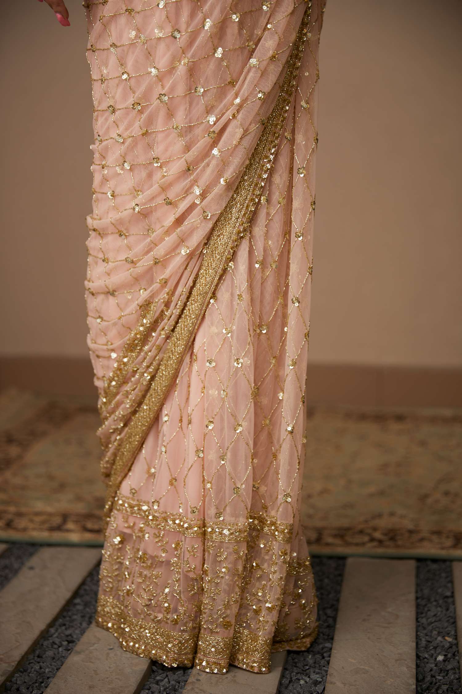 Pink Jaal Cut Work Saree Set