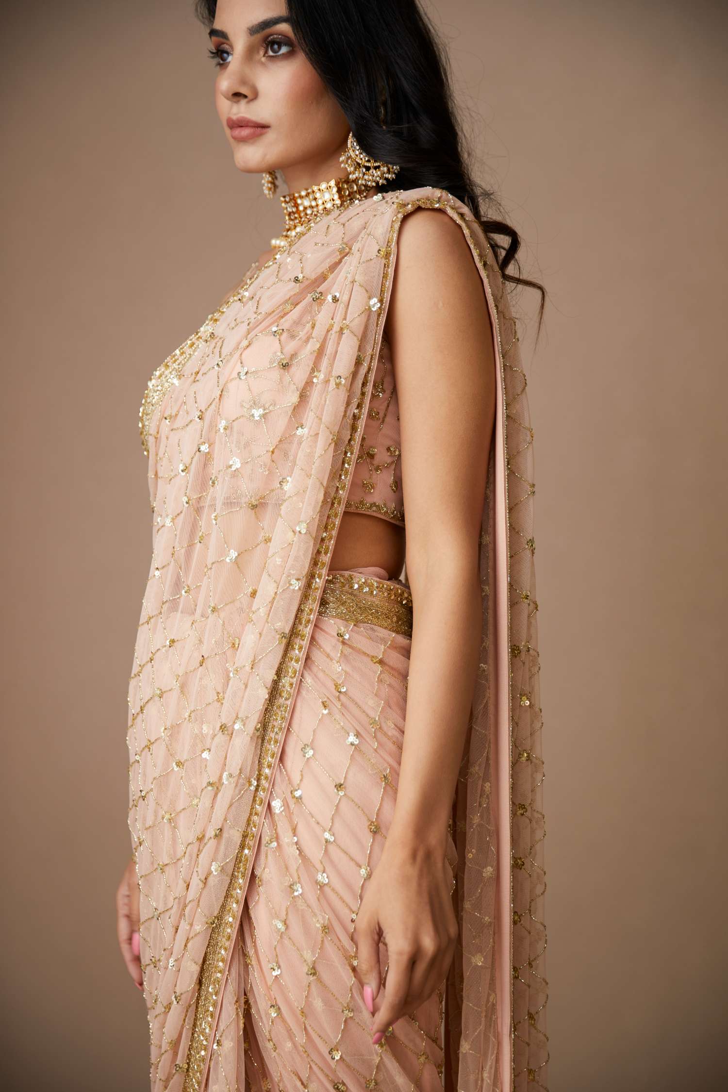 Pink Jaal Cut Work Saree Set
