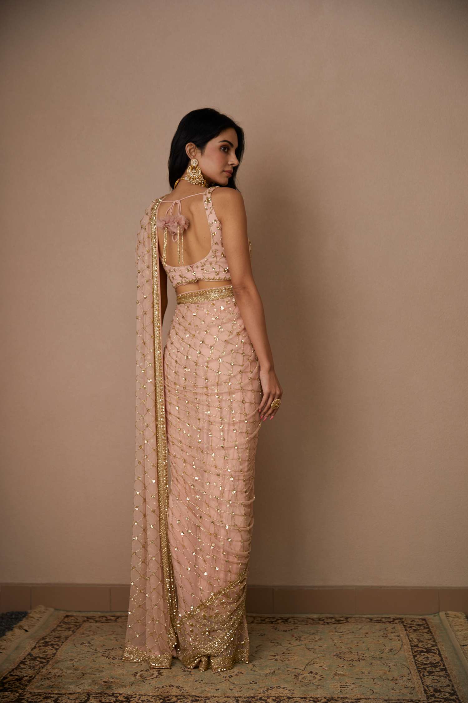 Pink Jaal Cut Work Saree Set