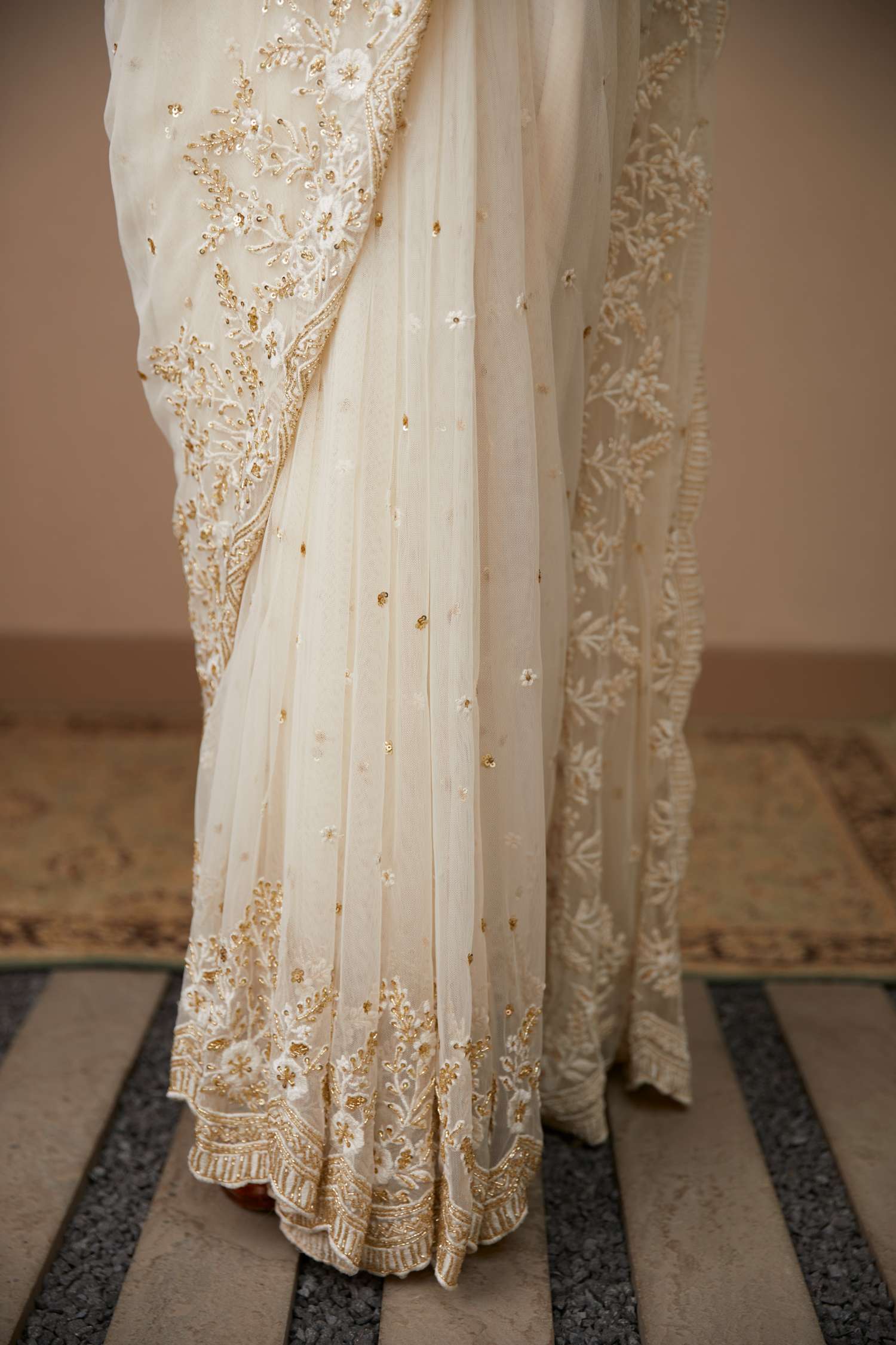 White Net Thread Work Saree Set