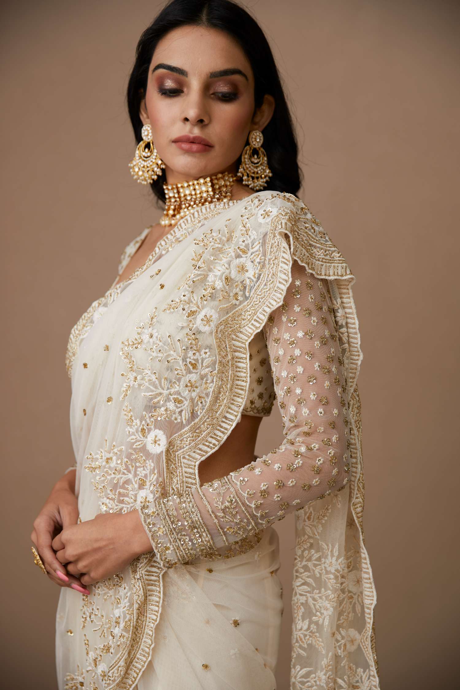 White Net Thread Work Saree Set