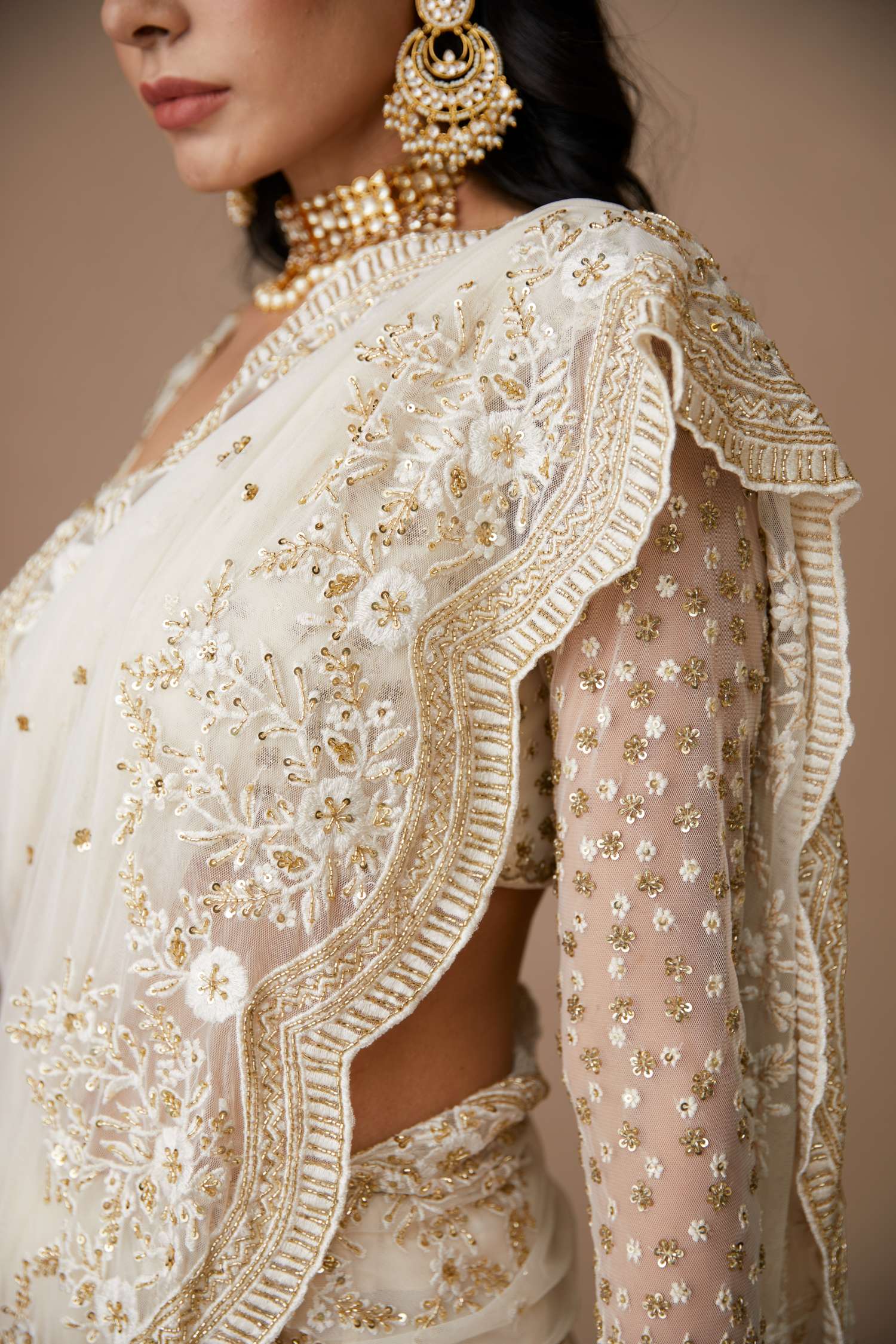 White Net Thread Work Saree Set