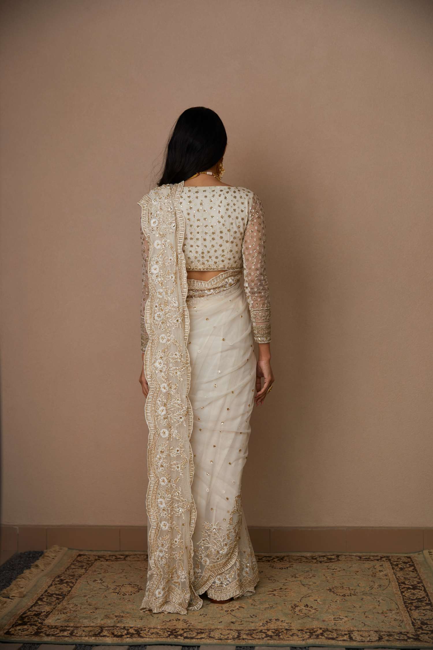White Net Thread Work Saree Set