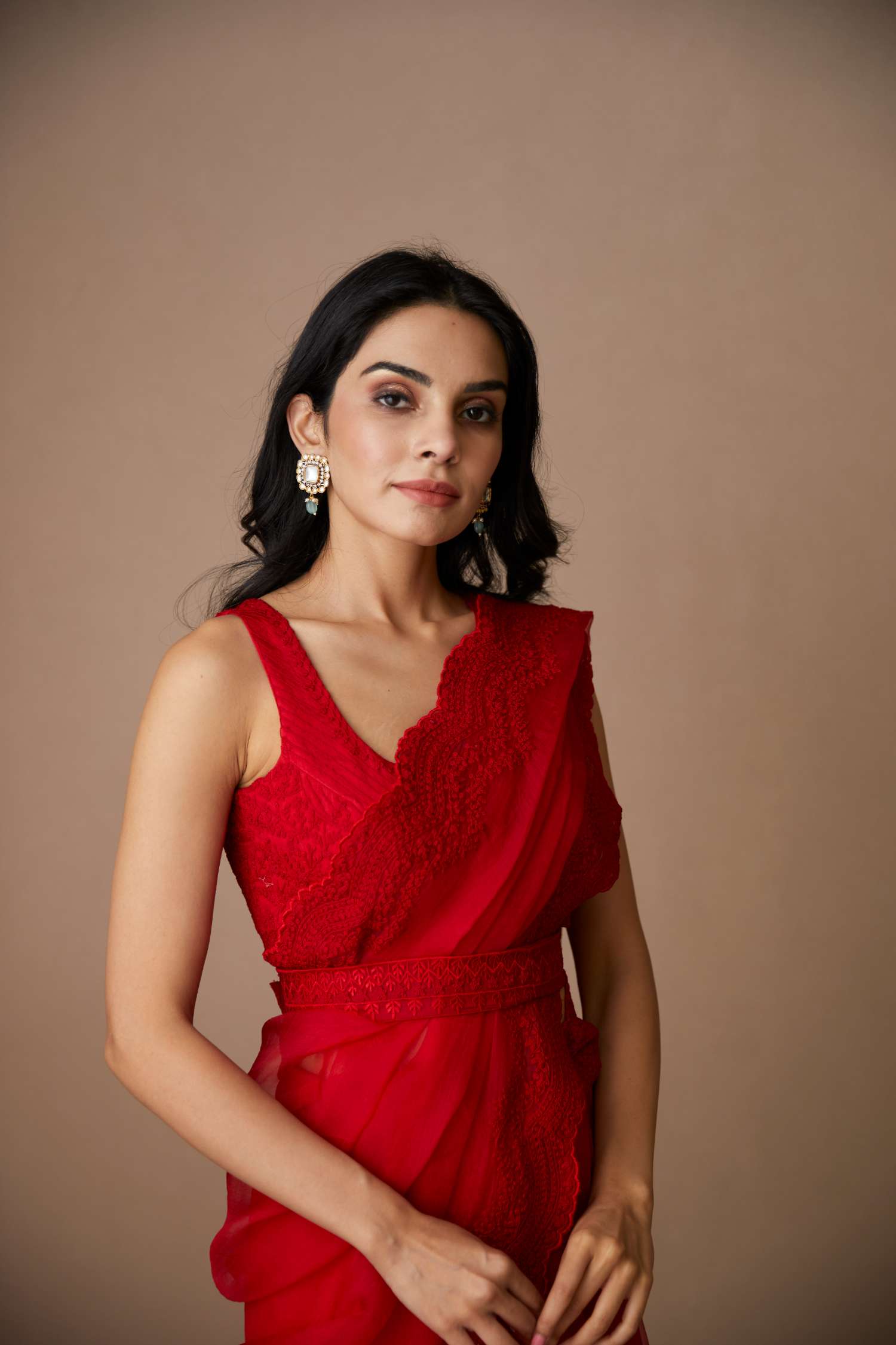 Red Thread Work Organza Saree Set