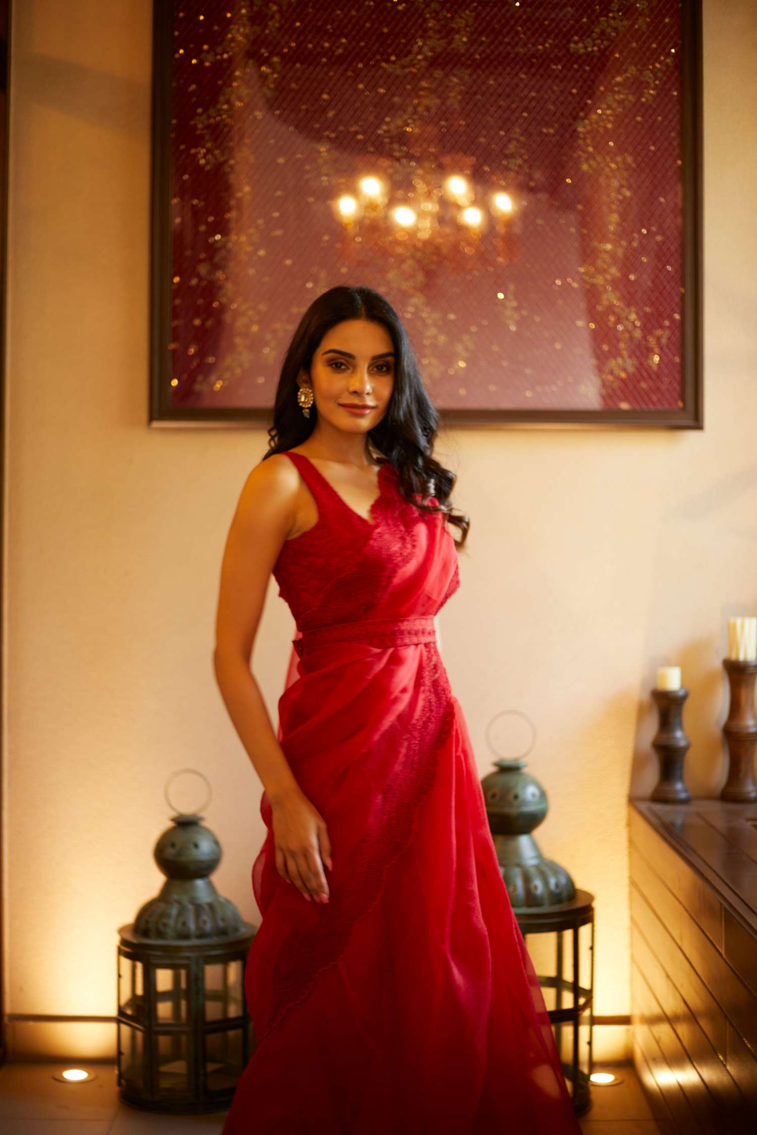 Red Thread Work Organza Saree Set