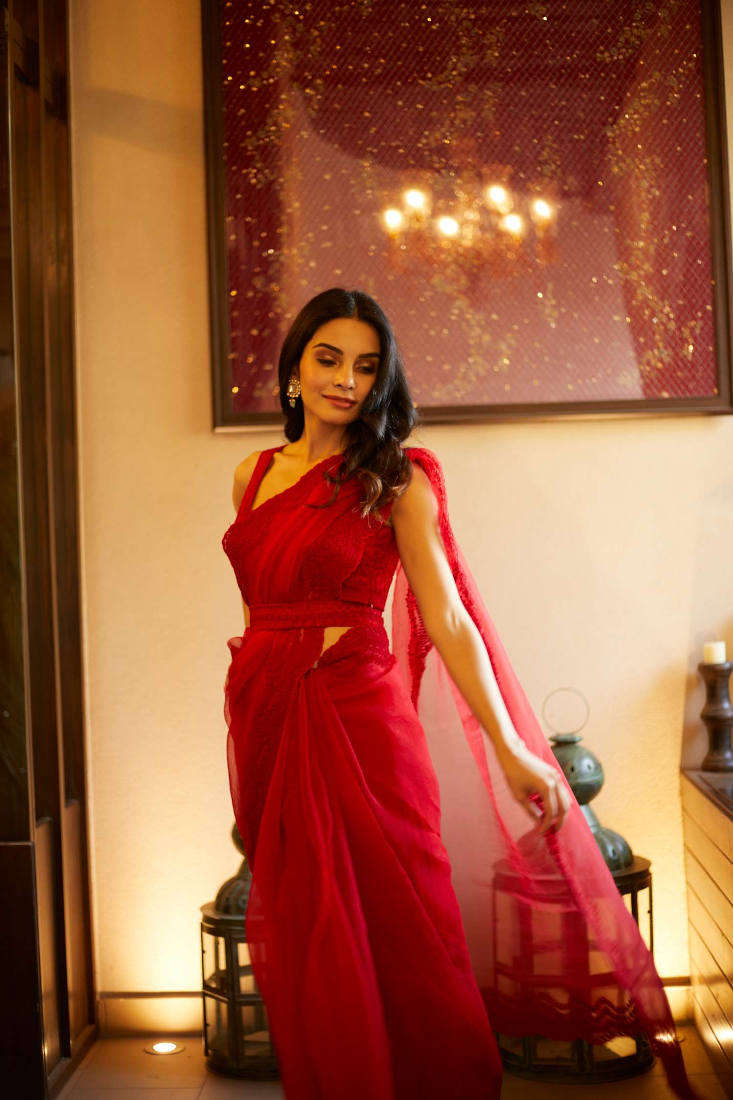 Red Thread Work Organza Saree Set