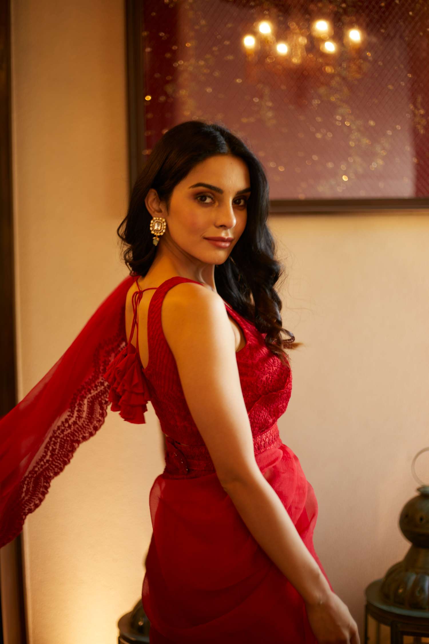 Red Thread Work Organza Saree Set