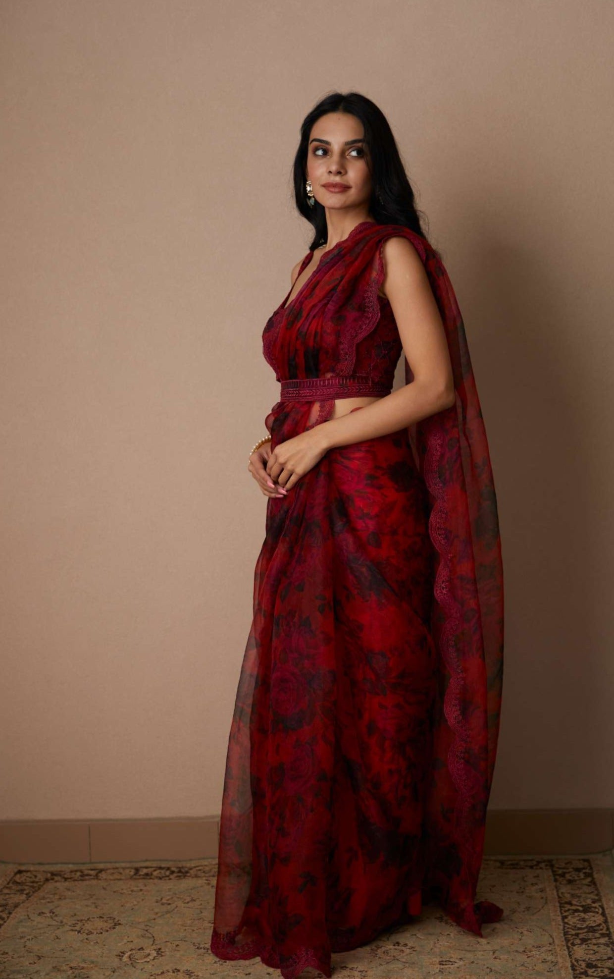 Deep Red Floral Saree Set