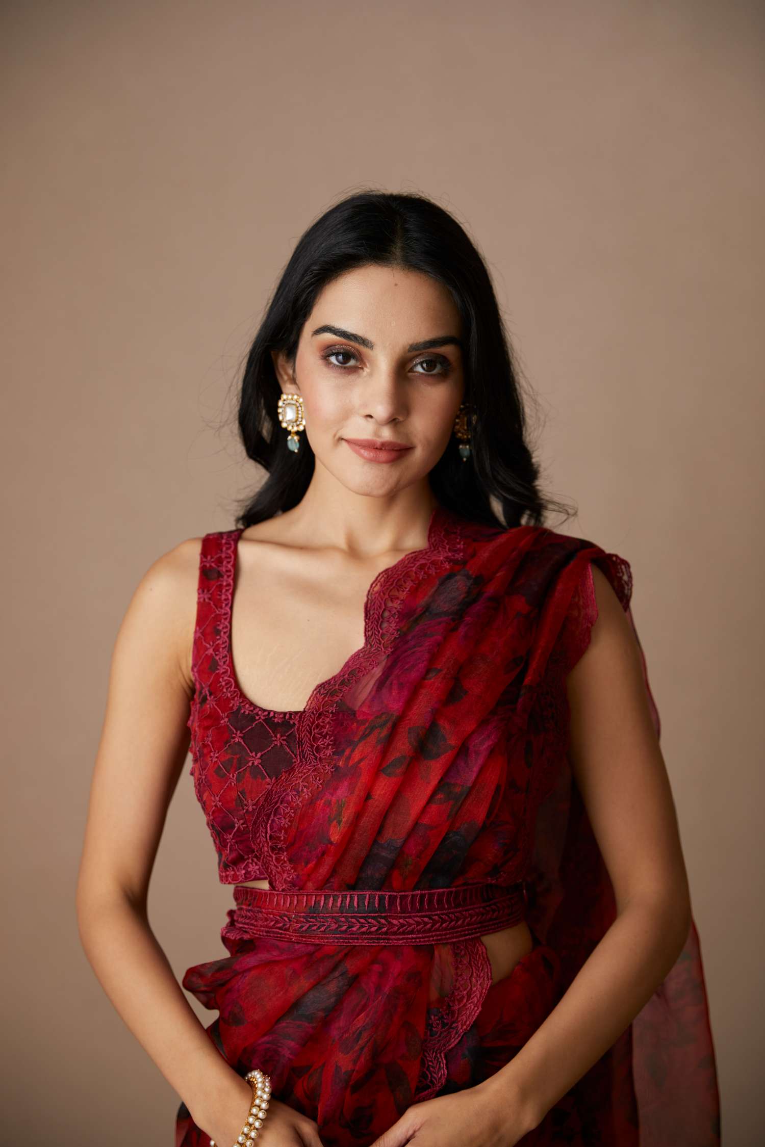 Deep Red Floral Saree Set