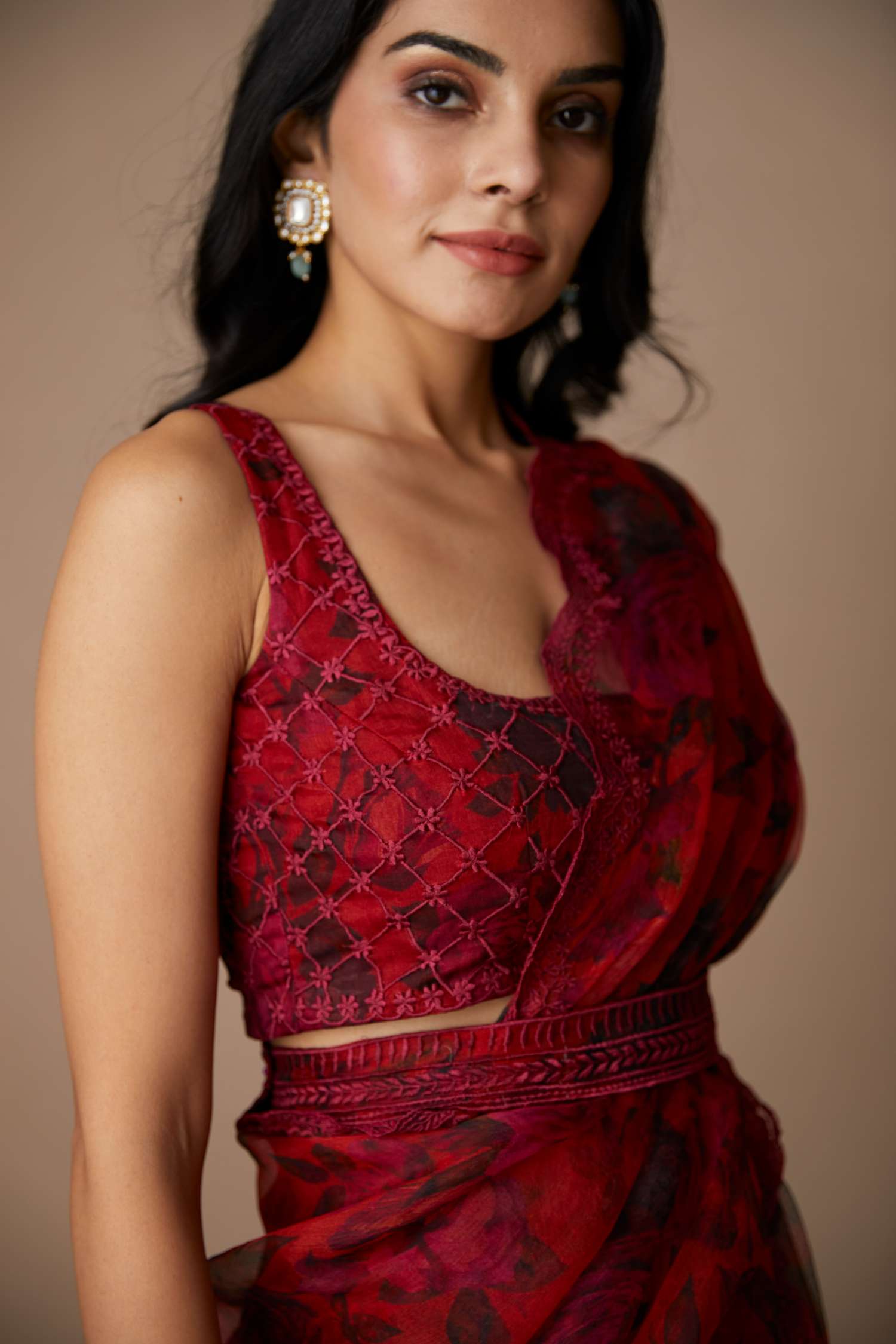 Deep Red Floral Saree Set