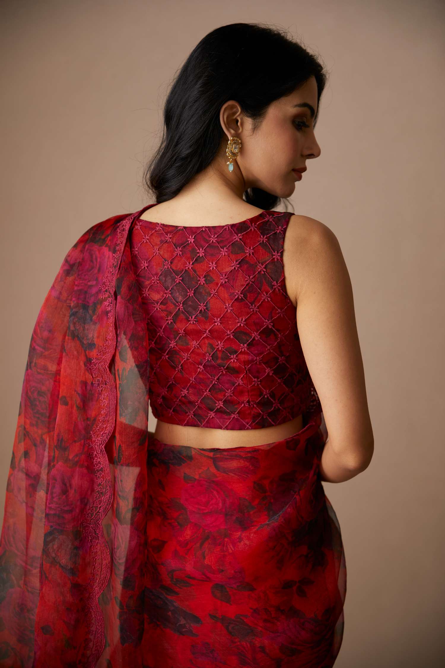 Deep Red Floral Saree Set