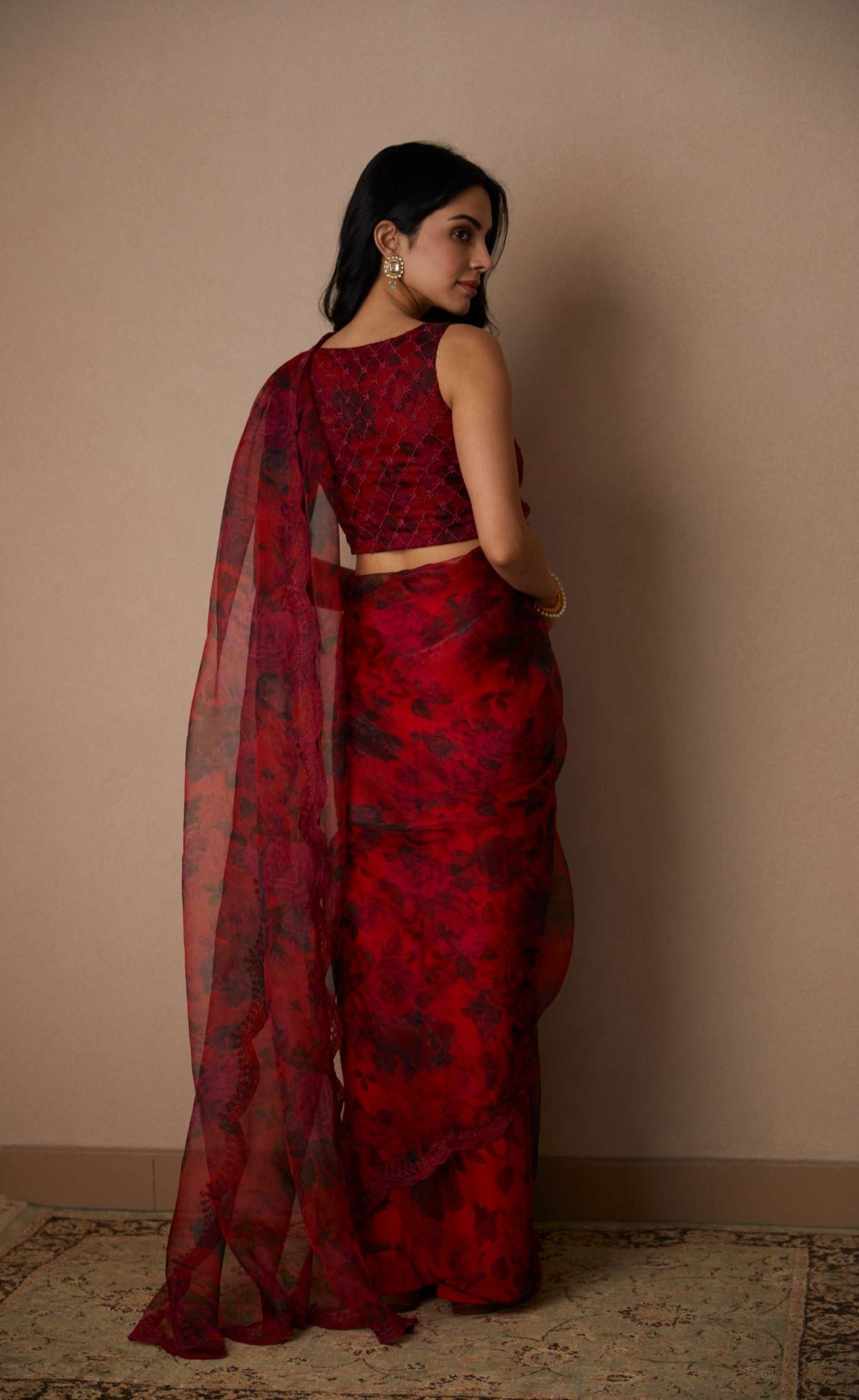 Deep Red Floral Saree Set