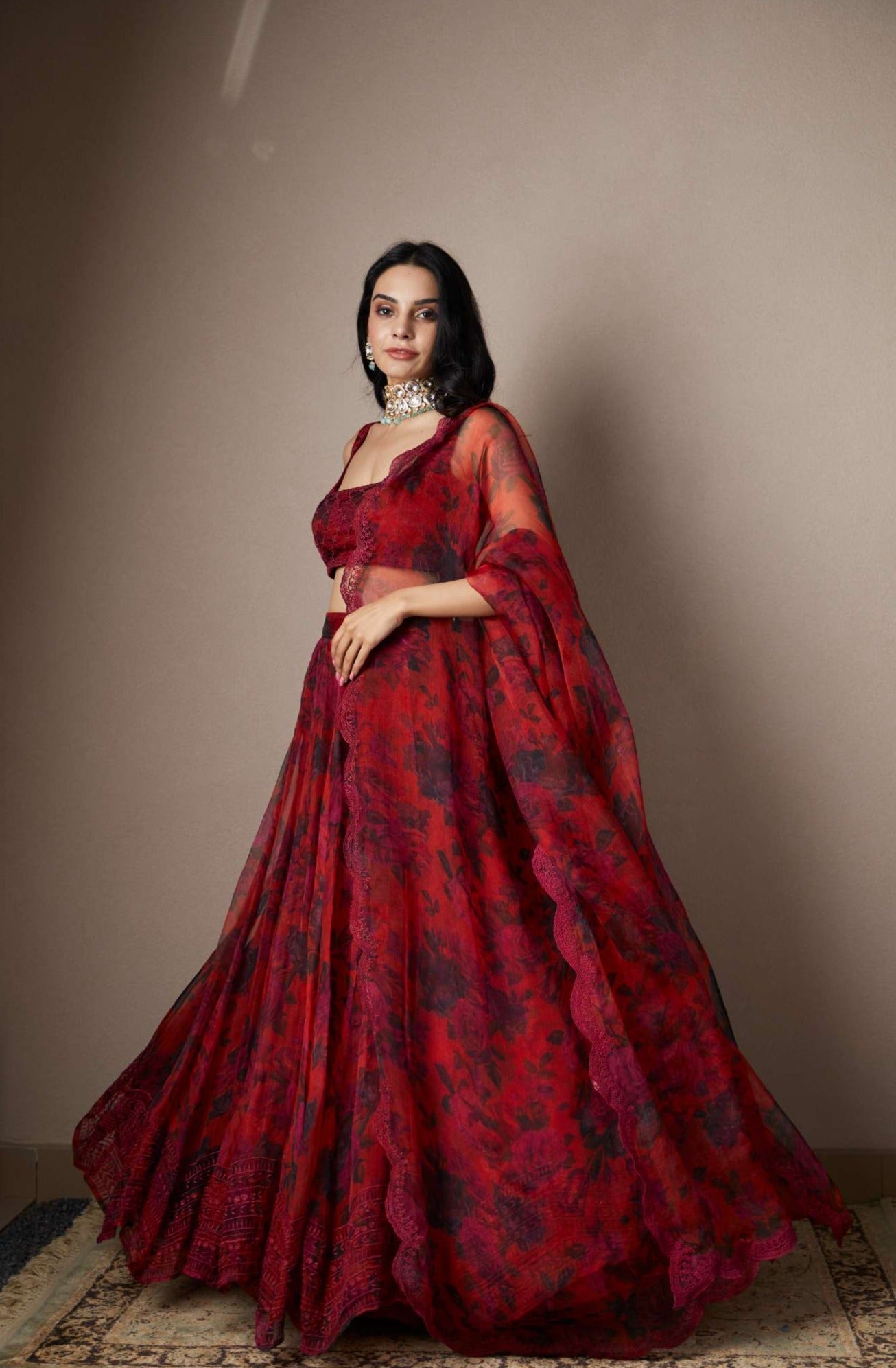 Deep Red Floral Lehenga Set