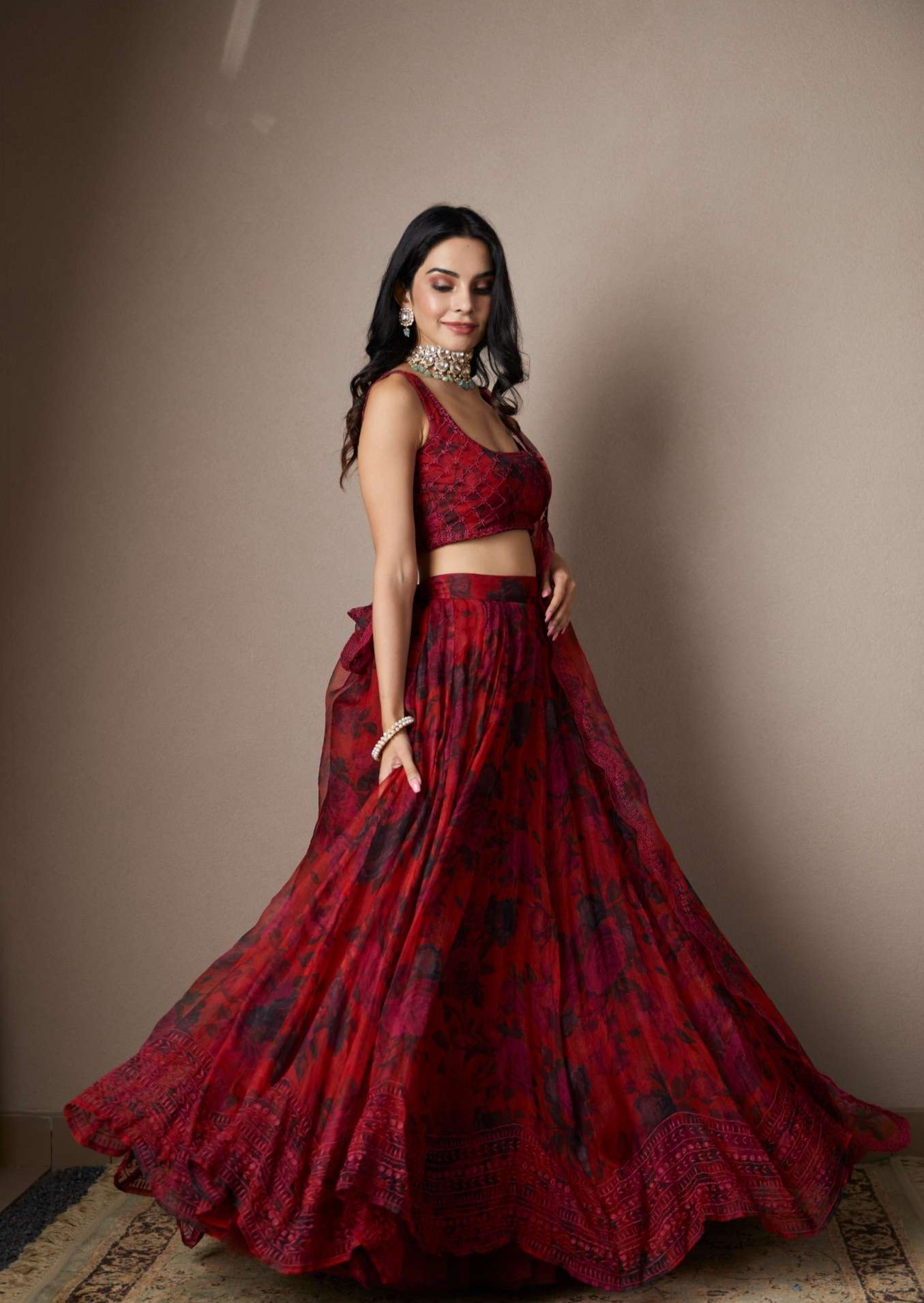 Deep Red Floral Lehenga Set