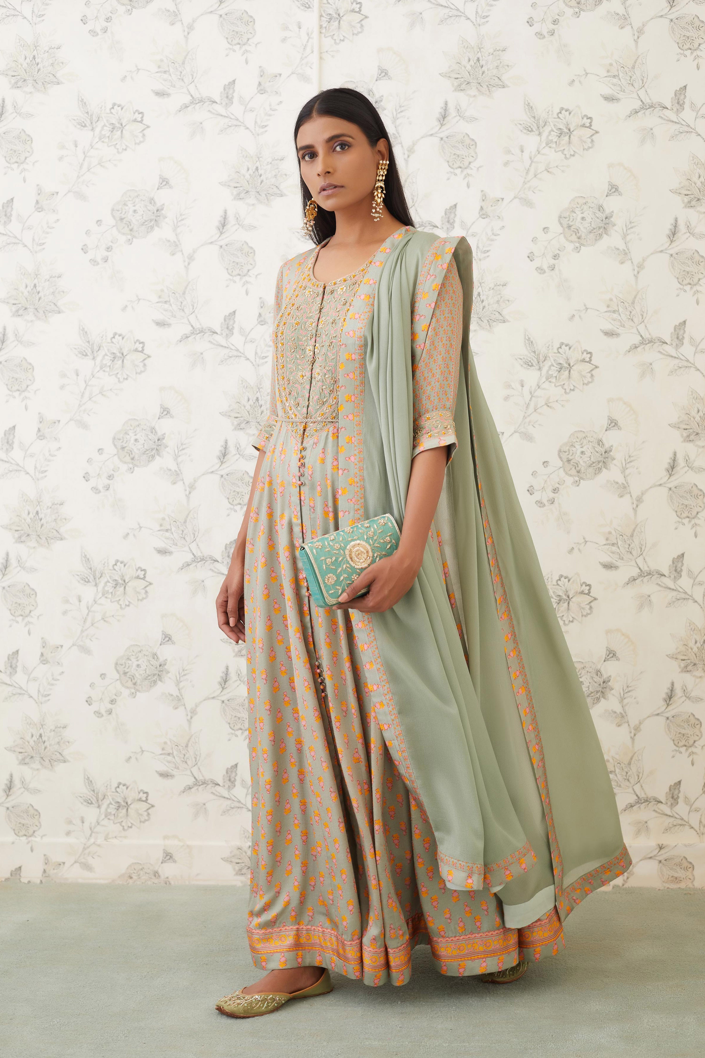 Light Olive Green Anarkali Set