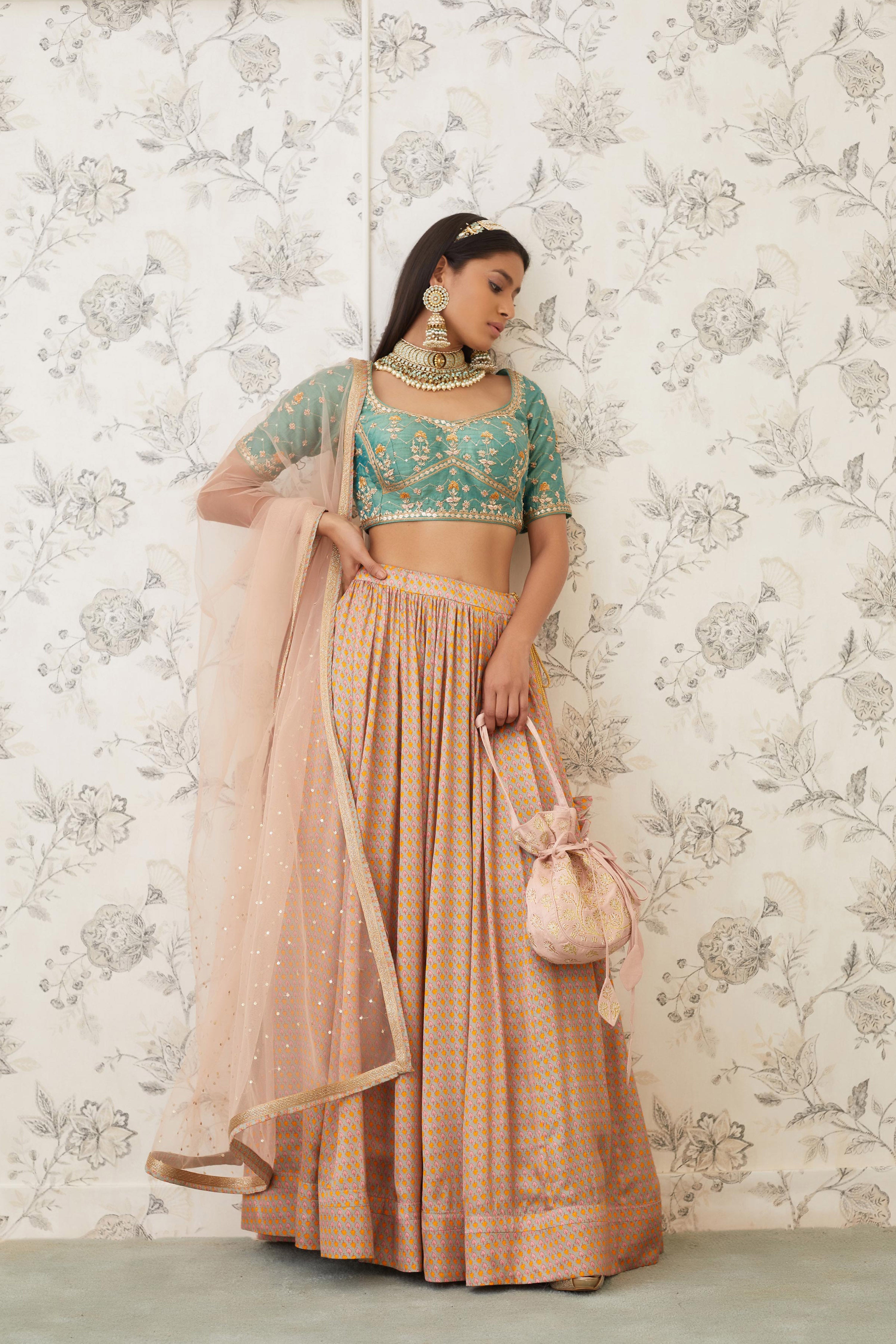 Green Beige Lehenga Set