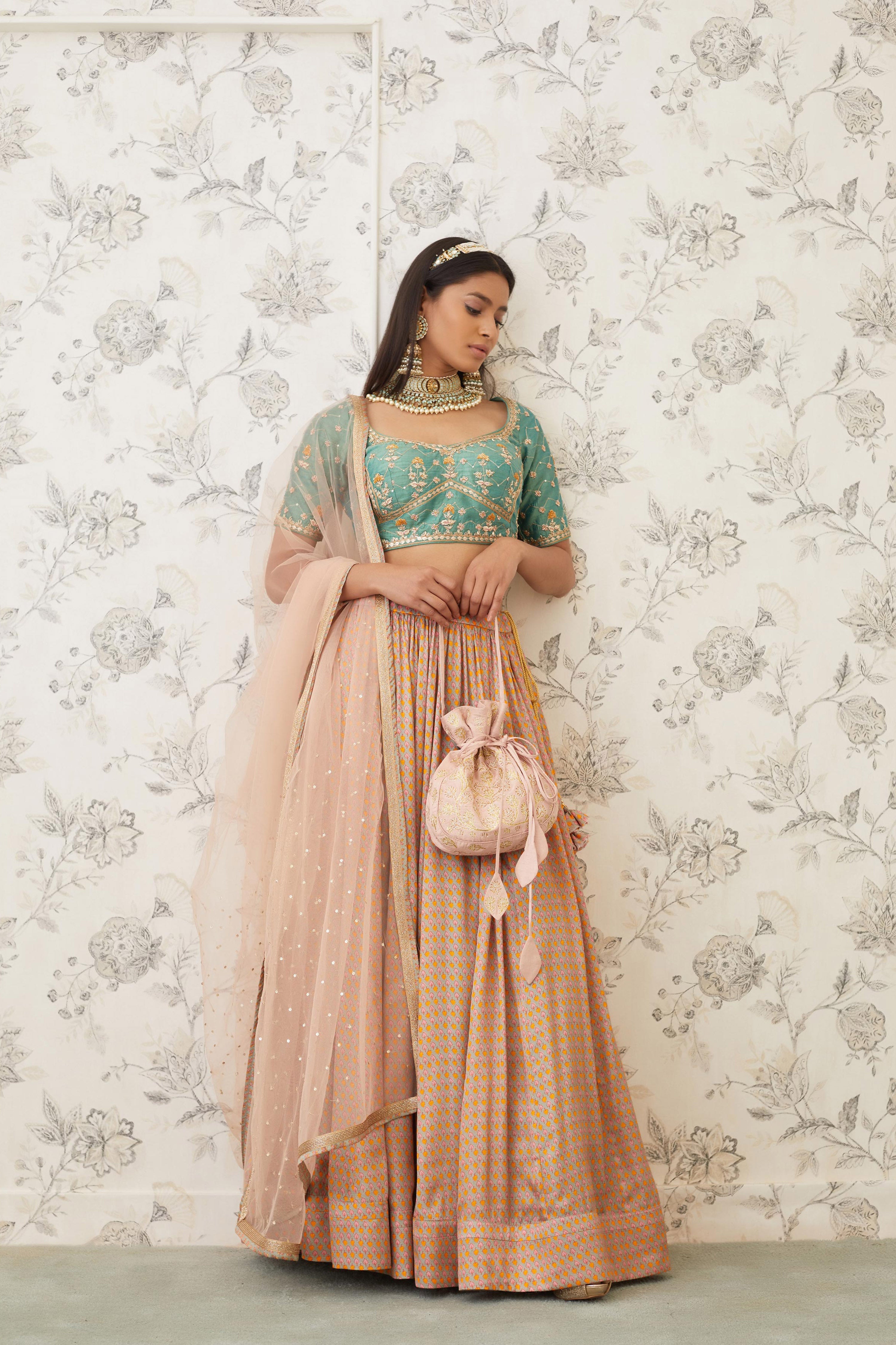 Green Beige Lehenga Set