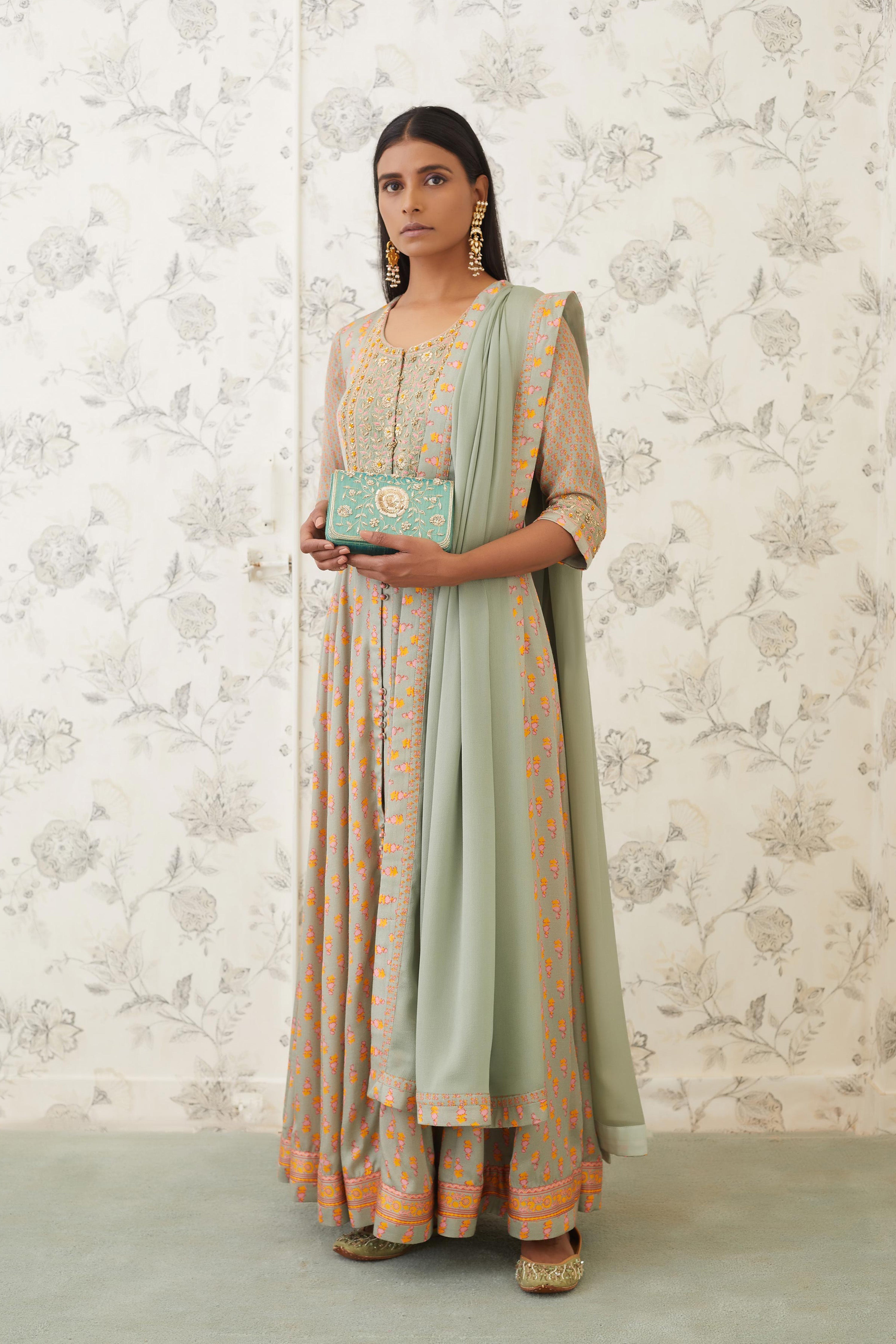 Light Olive Green Anarkali Set