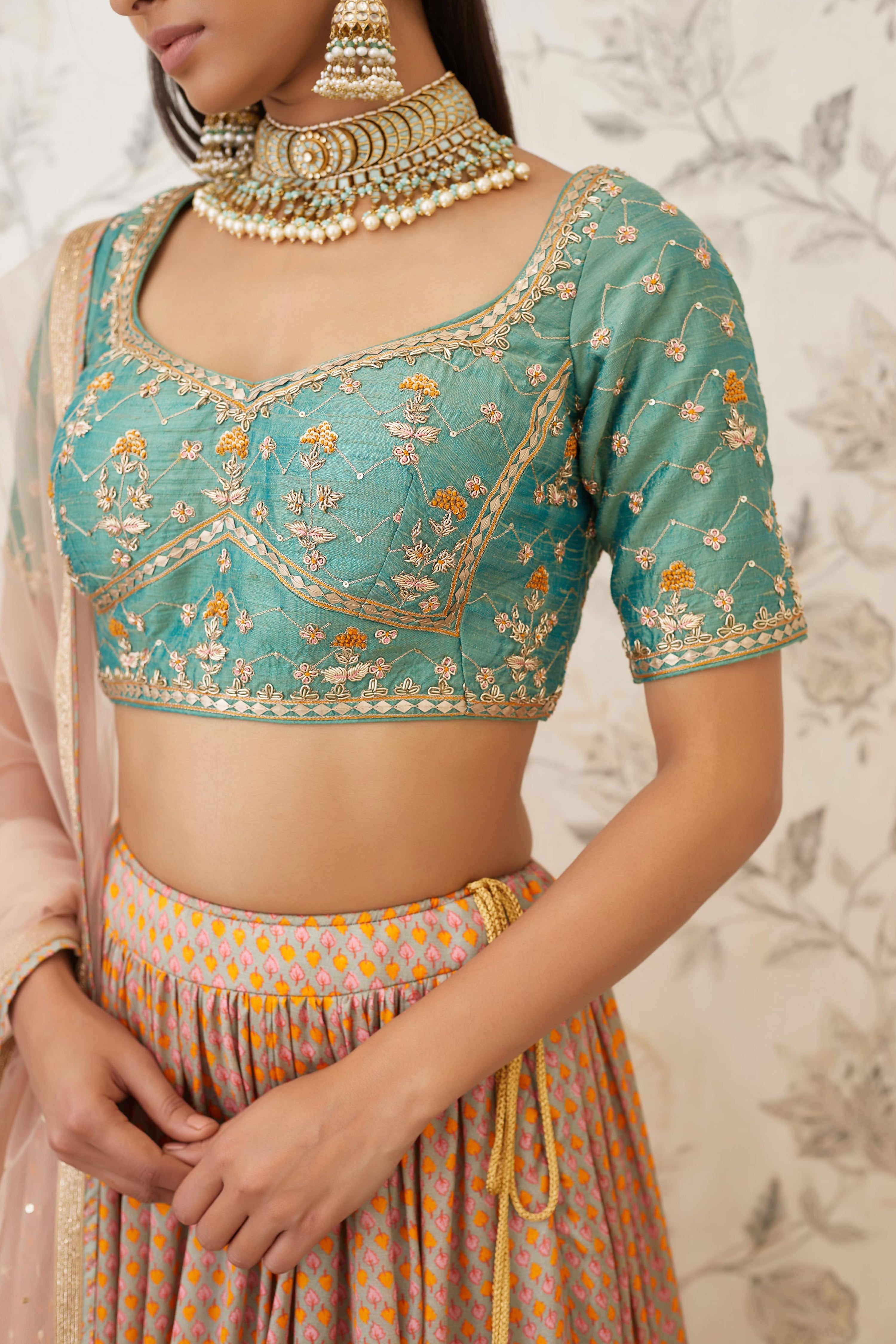 Green Beige Lehenga Set