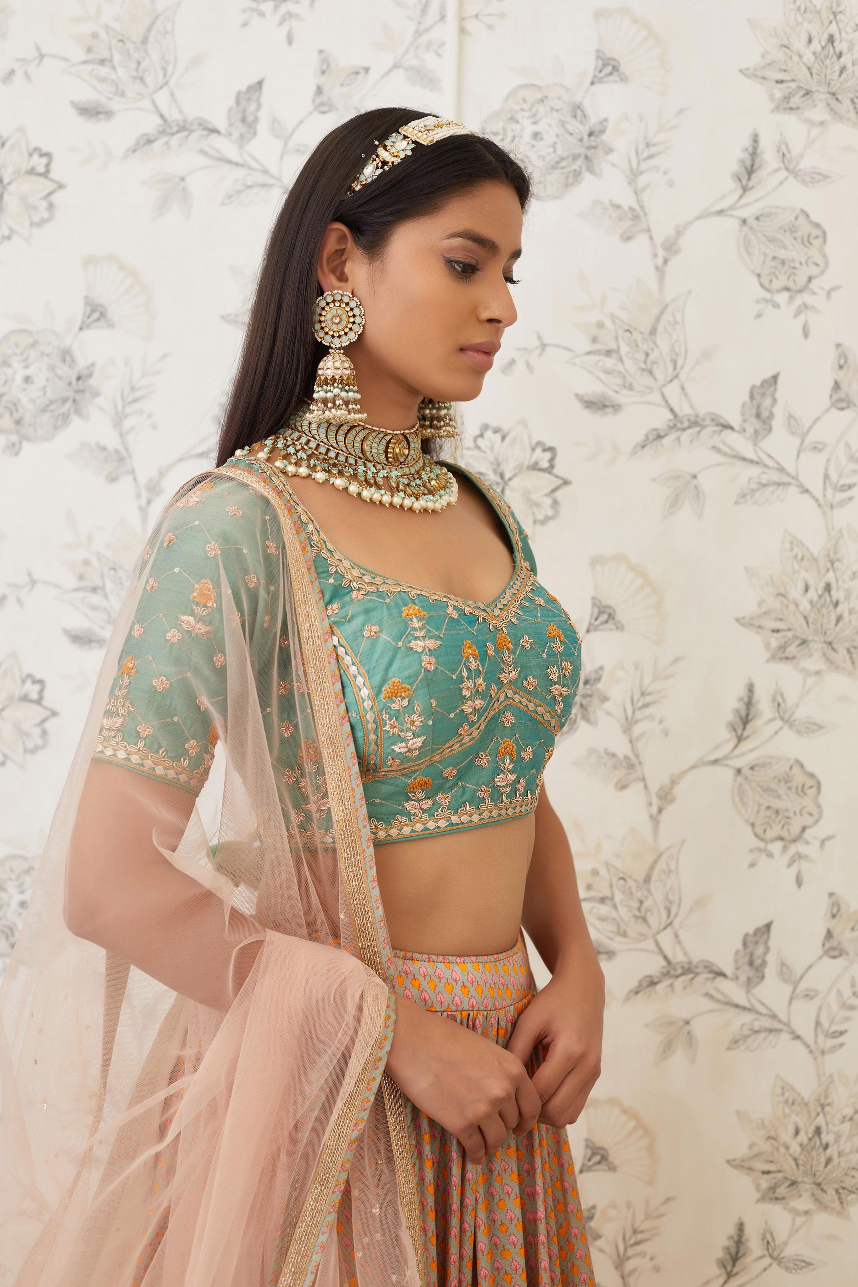 Green Beige Lehenga Set