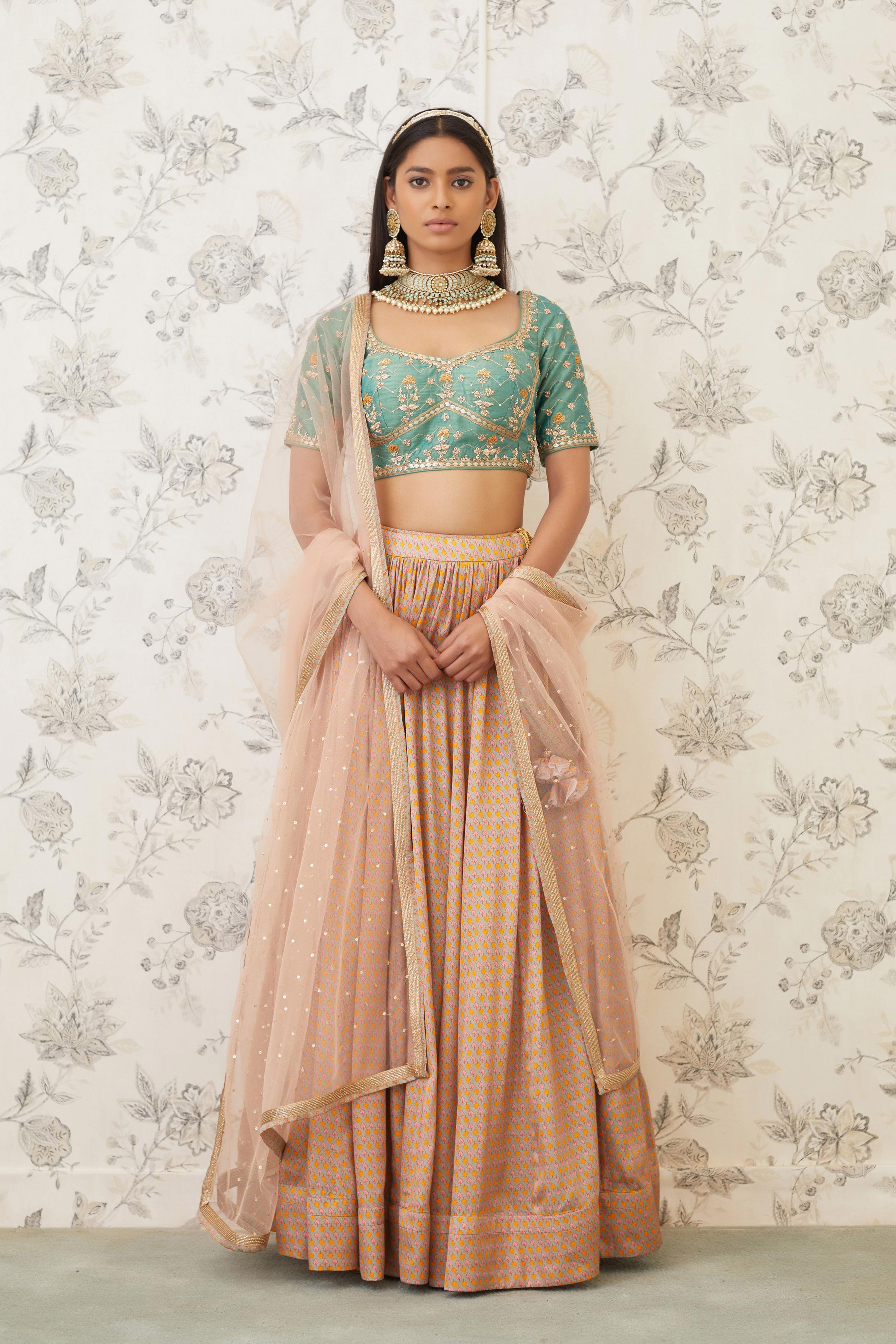 Green Beige Lehenga Set