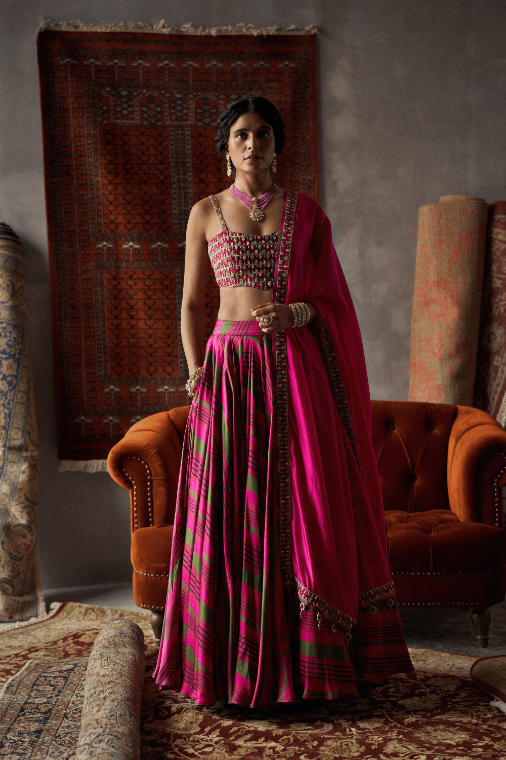 Cherry Red Satin Silk Lehenga Set