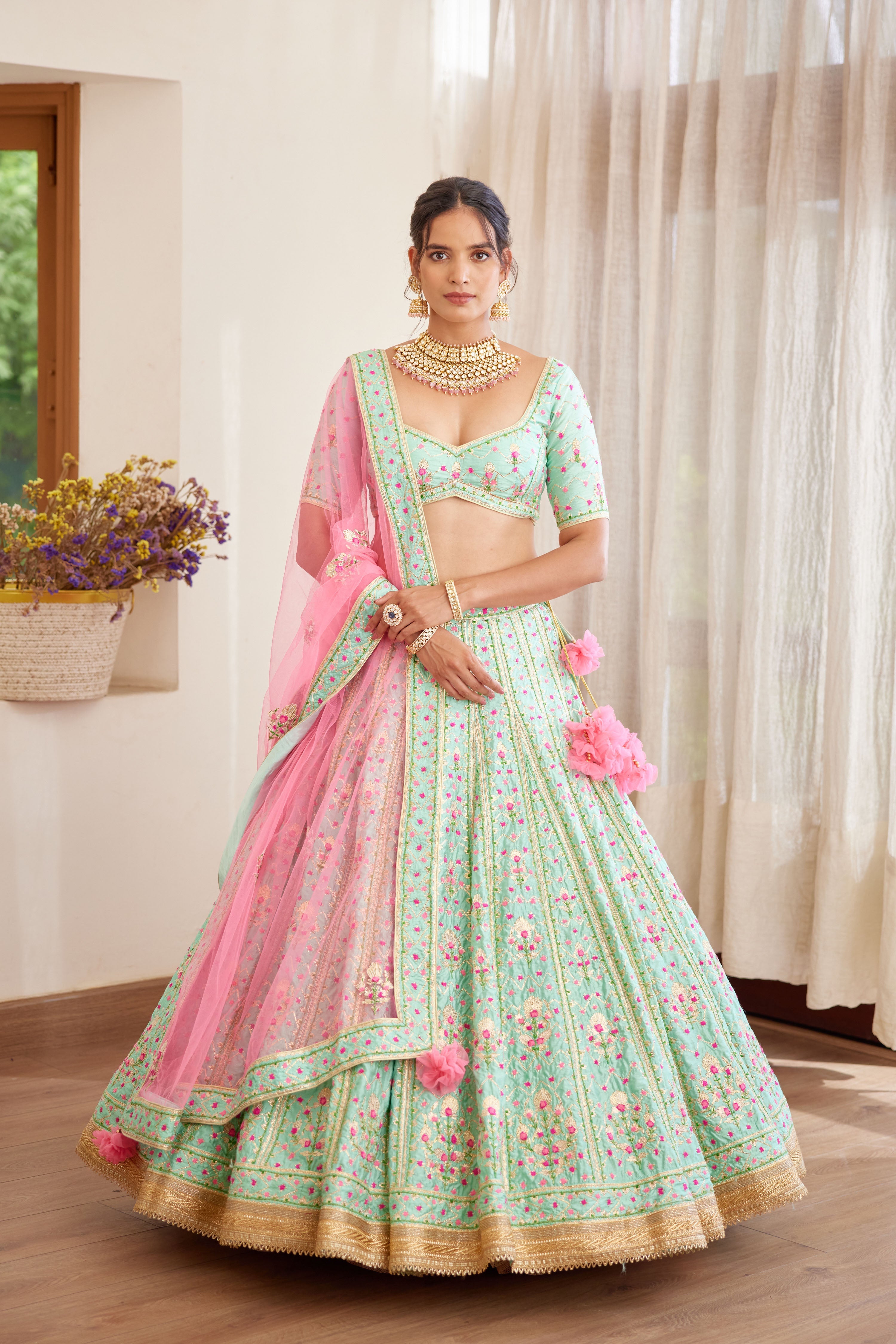 Sea Green & Pink Lehenga Set