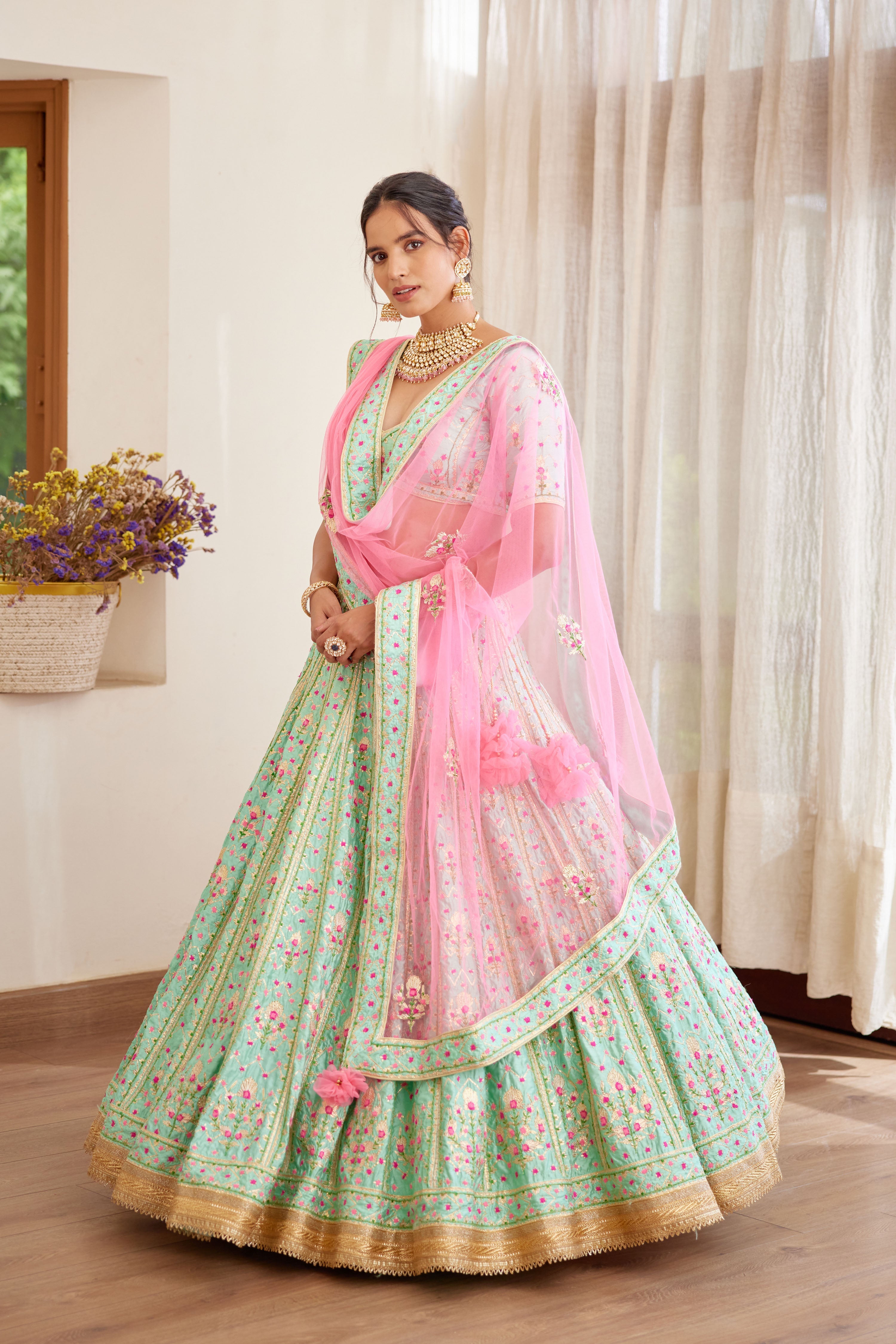 Sea Green & Pink Lehenga Set